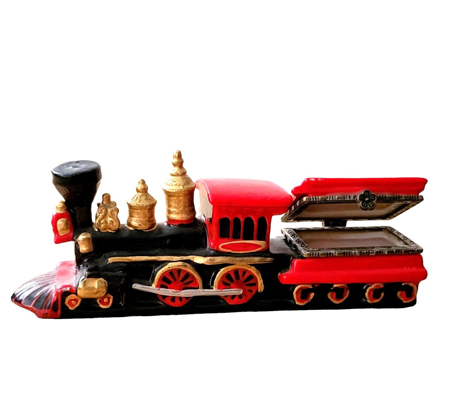 Vintage Locomotive Train Hinged Trinket Box Porcelian & Metal Keepsake