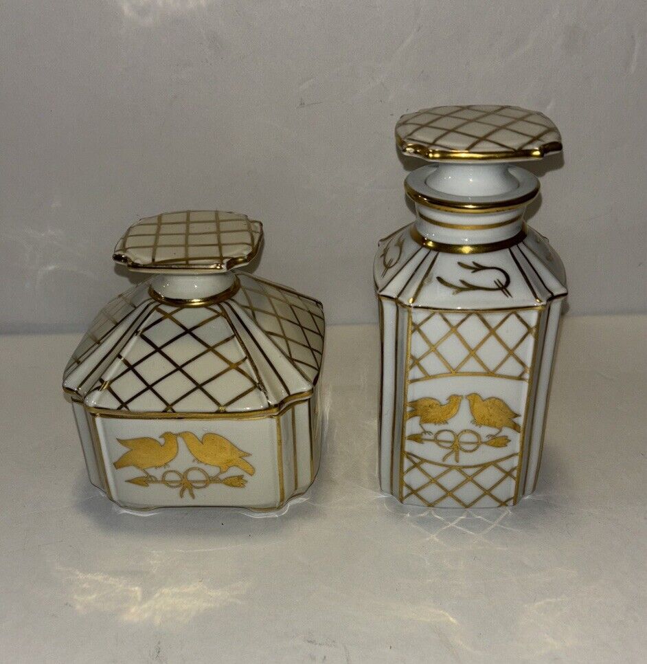 Antique Germany Porcelain Perfume Bottle And Powder Box Set Marked 4604 & 4605