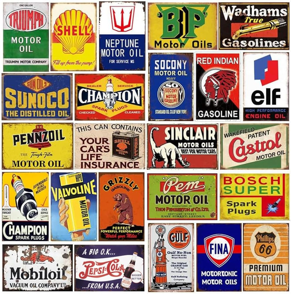 Reproduced Vintage Tin Sign Pack, Gas Oil Retro Advert Antique Metal Signs for G