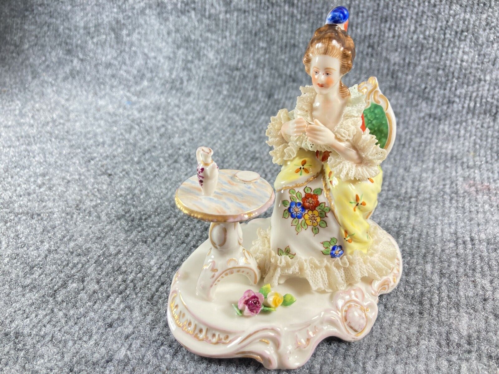Vintage Dresden Volkstedt Porcelain Figurine Seated Lady Tea Table 4.25 x 4.25\
