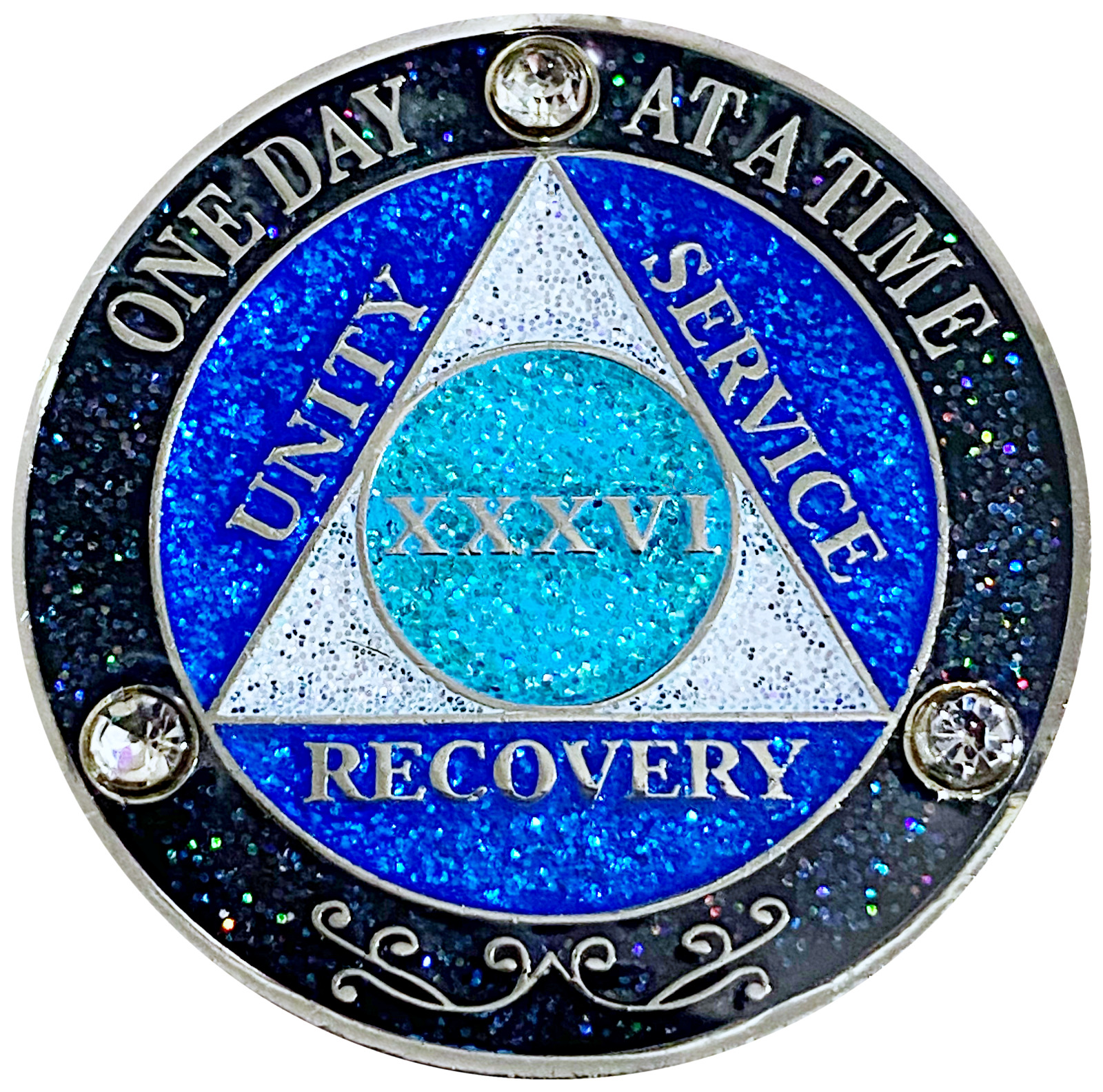 AA 36 Year Crystals & Glitter Medallion, Silver, Blue Color & 3 Crystals