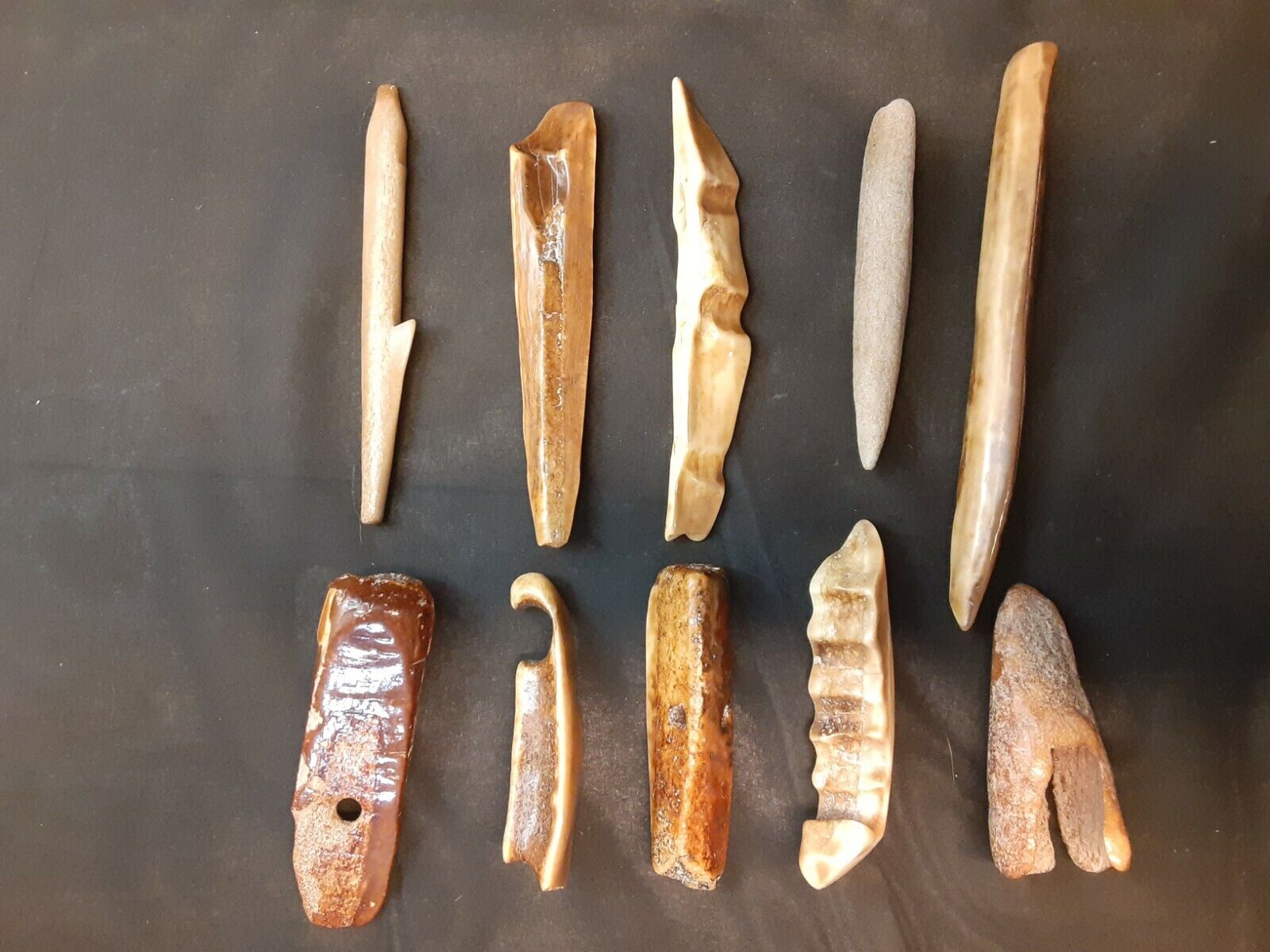 LOT Of 10 northwest coast bone artifacts. Harpoon, spear point, weights etc. 