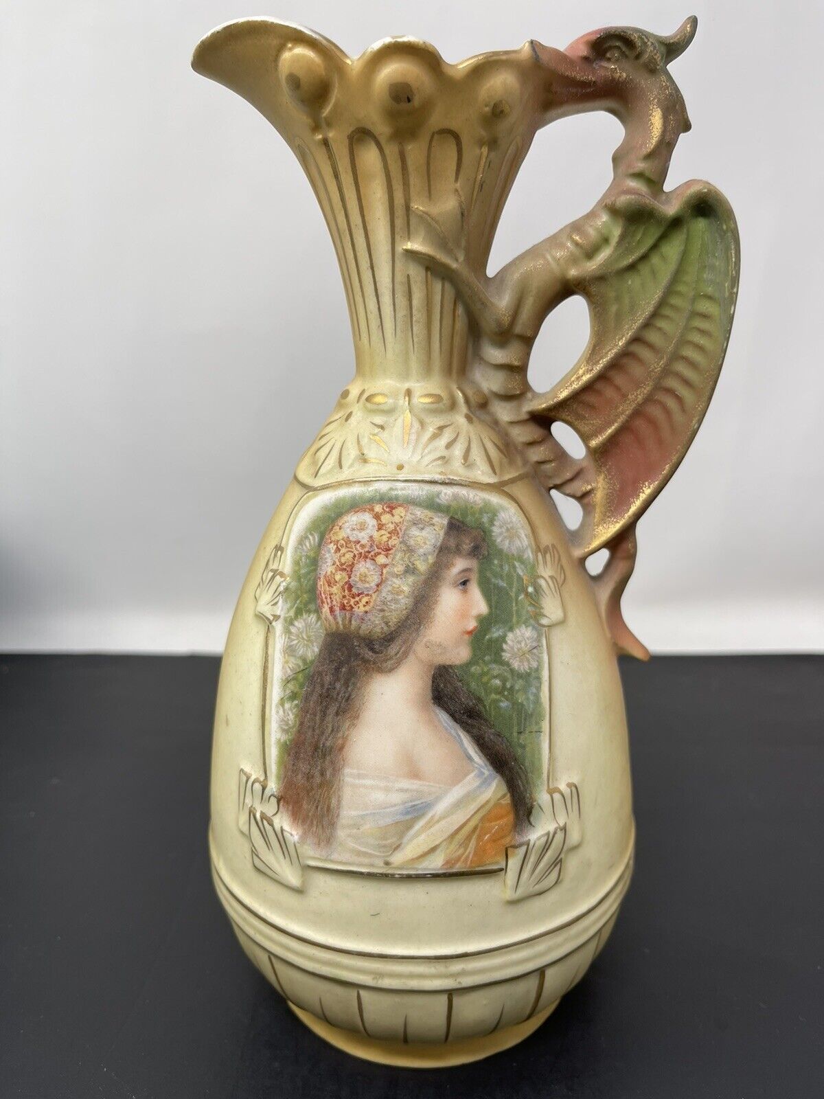 Antique Austrian Royal Dragon Handle Porcelain  Pitcher Ewer Victorian 1800s