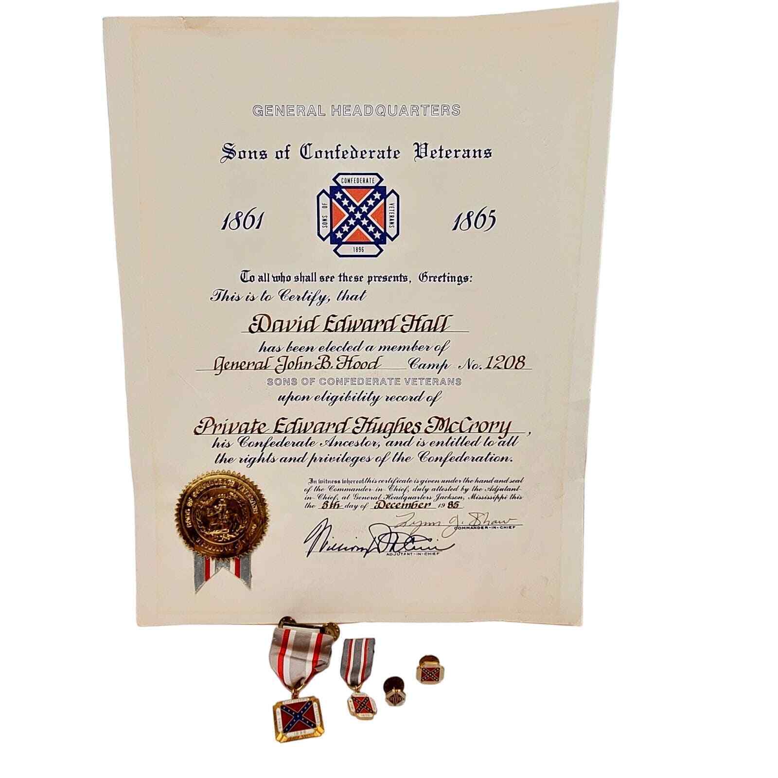 Vtg Sons of Confederate Veterans Medals Badge & Ribbons Pins Certificate 1985