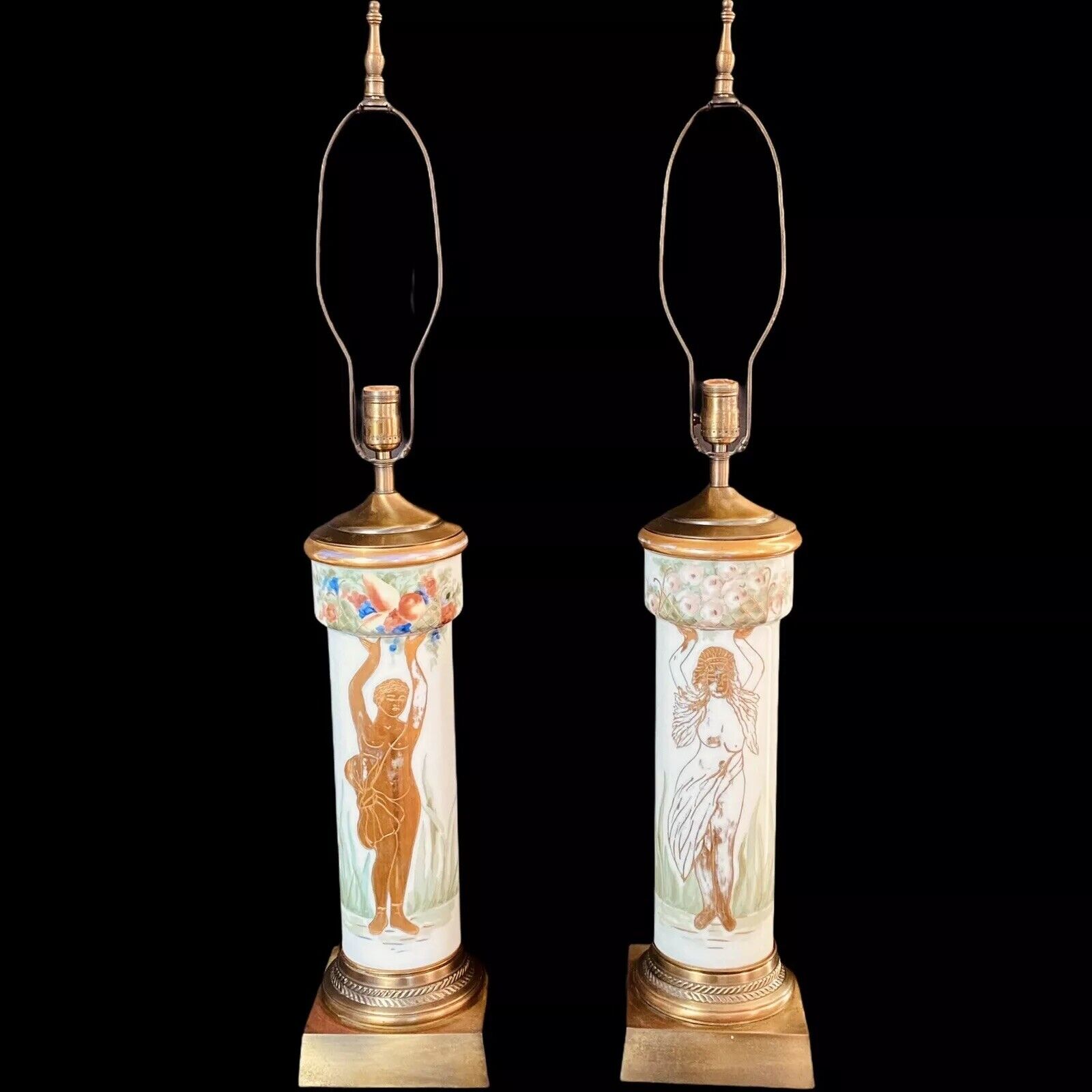 Vtg Pair MCM Opaline Glass Cylindrical Lamps Hollywood Regency Hand Enameled 38”
