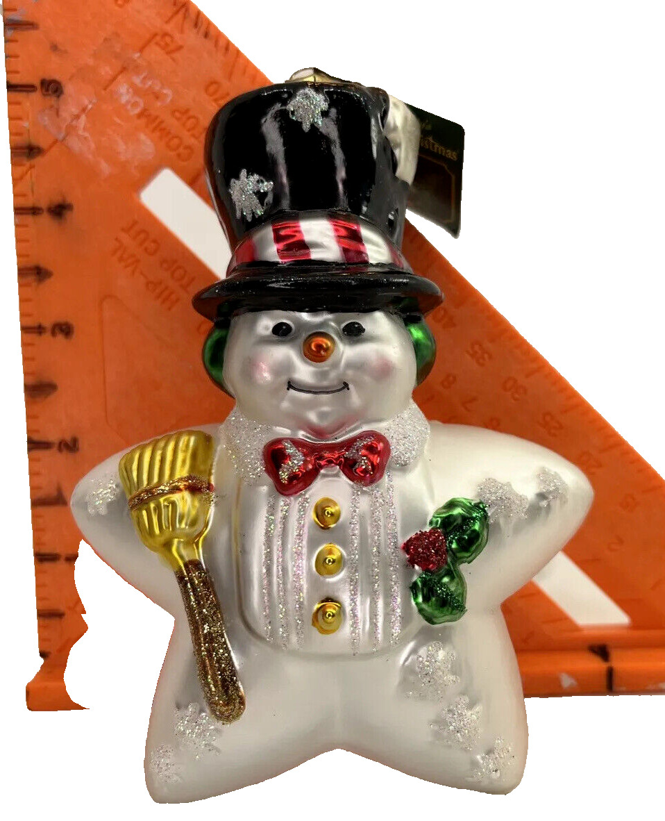 Snowman Glass Star Shaped OWC Old World Christmas Ornament Top Hat -Bow Tie
