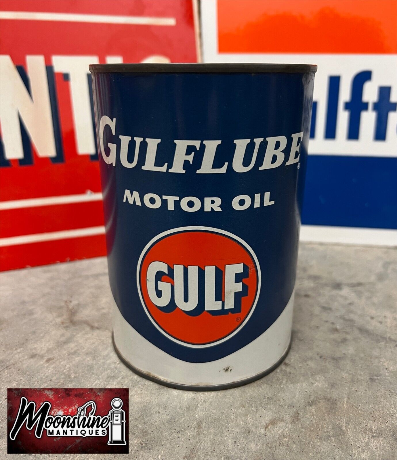 FULL 1950’s GULF Reverse Logo Motor Oil Can 1 qt. - Gas & Oil