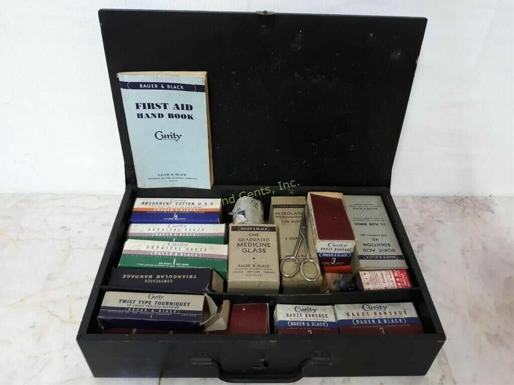 Vintage CURITY Automobile First Aid Kit Bauer & Black FULL of ORIGINAL CONTENTS