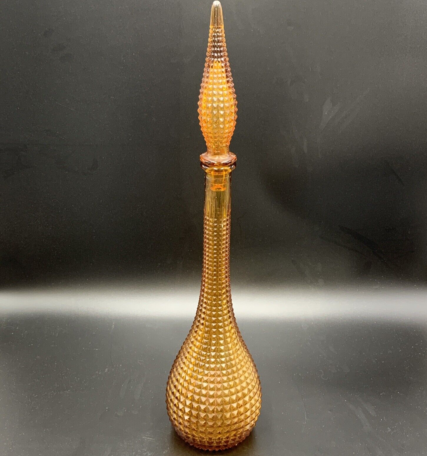 Vintage MCM Amber Empoli Diamond Point Glass Decanter Genie Bottle with Stopper