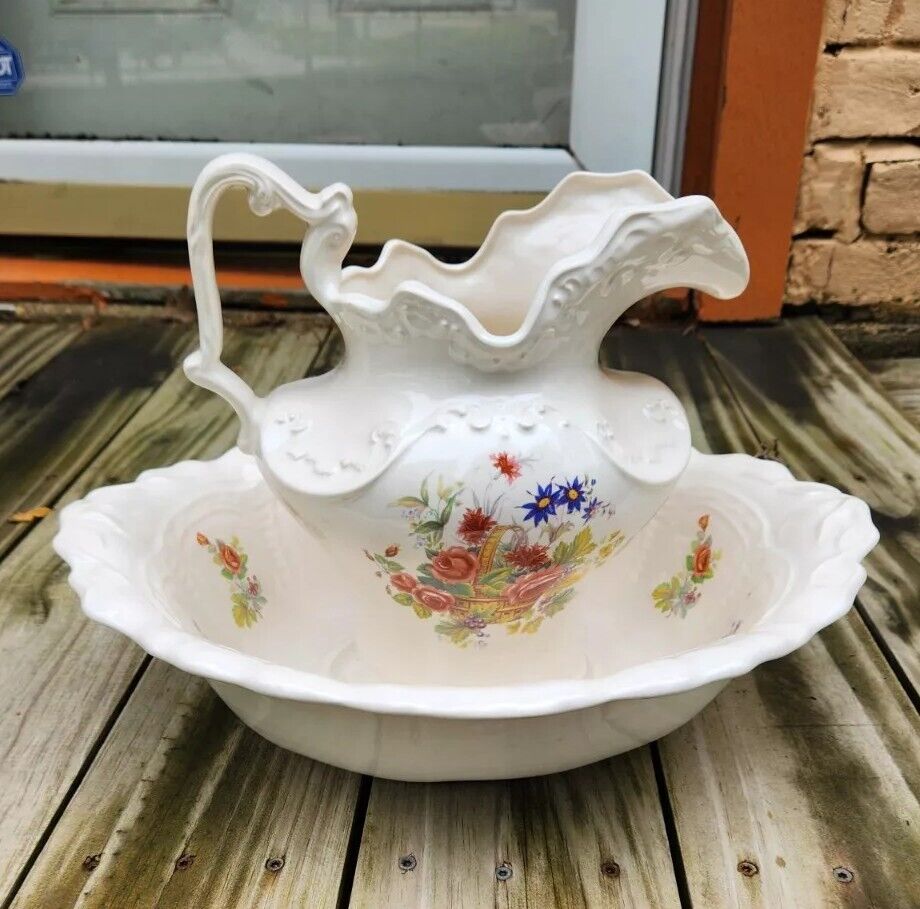 Gorgeous Victorian Style Porcelain Pitcher And Basin With Floral Tranferware