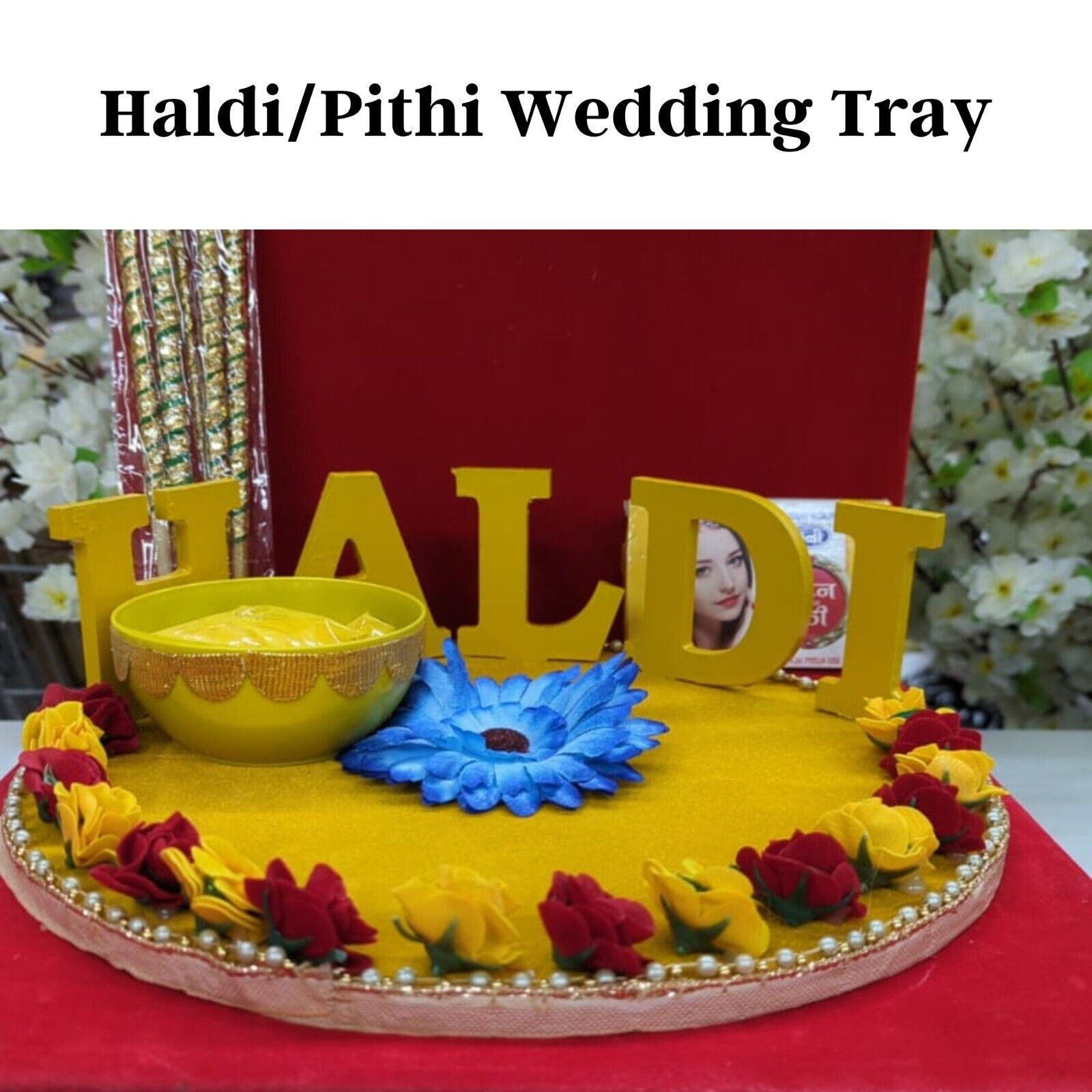 Pithi Tray Decorative Haldi Tray with Pithi Powder & 5 Sticks Wedding Ceremony