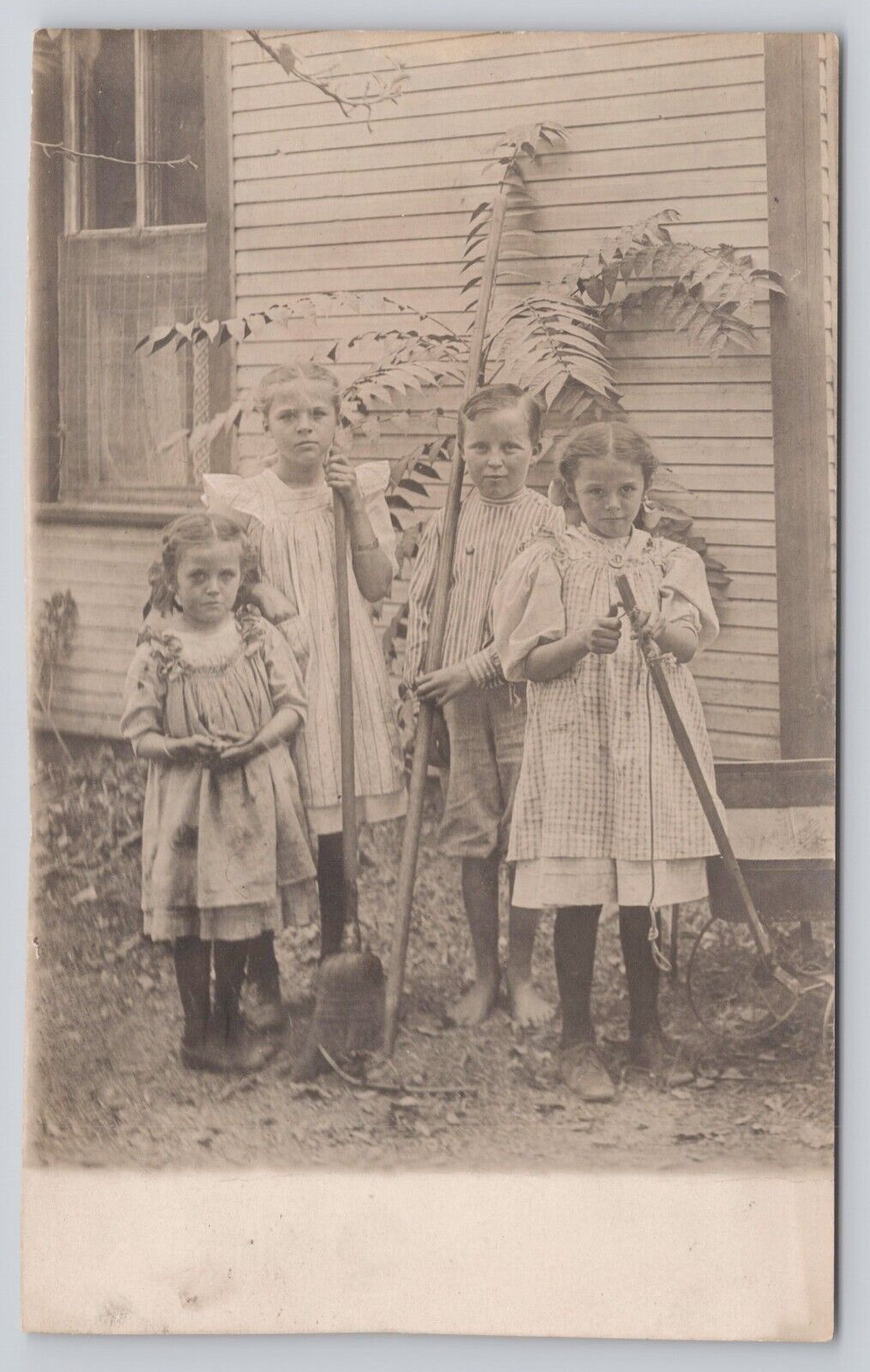 Photo of 3 Young Girls and Boy by House Postmarked Piqua Ohio 1908 RPPC Postcard