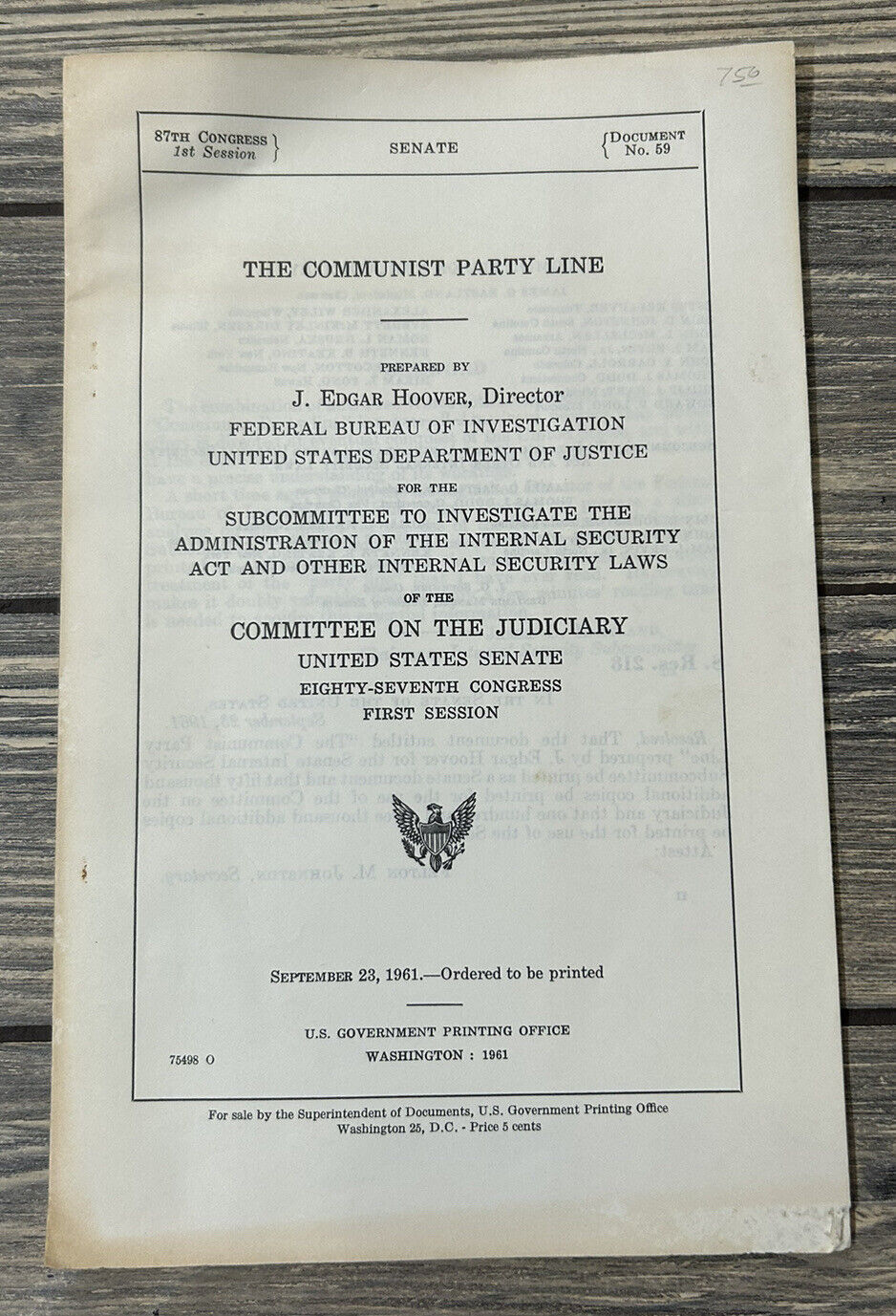 Vintage September 1961 The Communist Party Line Senate Booklet 87th Congress