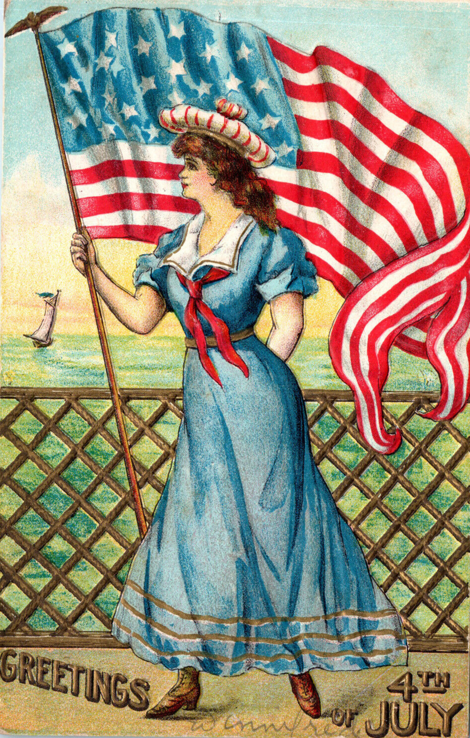 4th Of July Patriotic Postcard Lady American Flag Sailing Ship 1908 Vintage