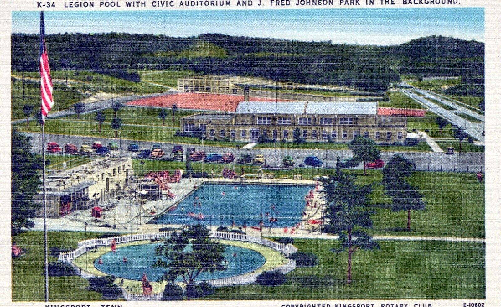 Legion Pool With Civic Auditorium J Fred Johnson Park Linen Vintage Postcard