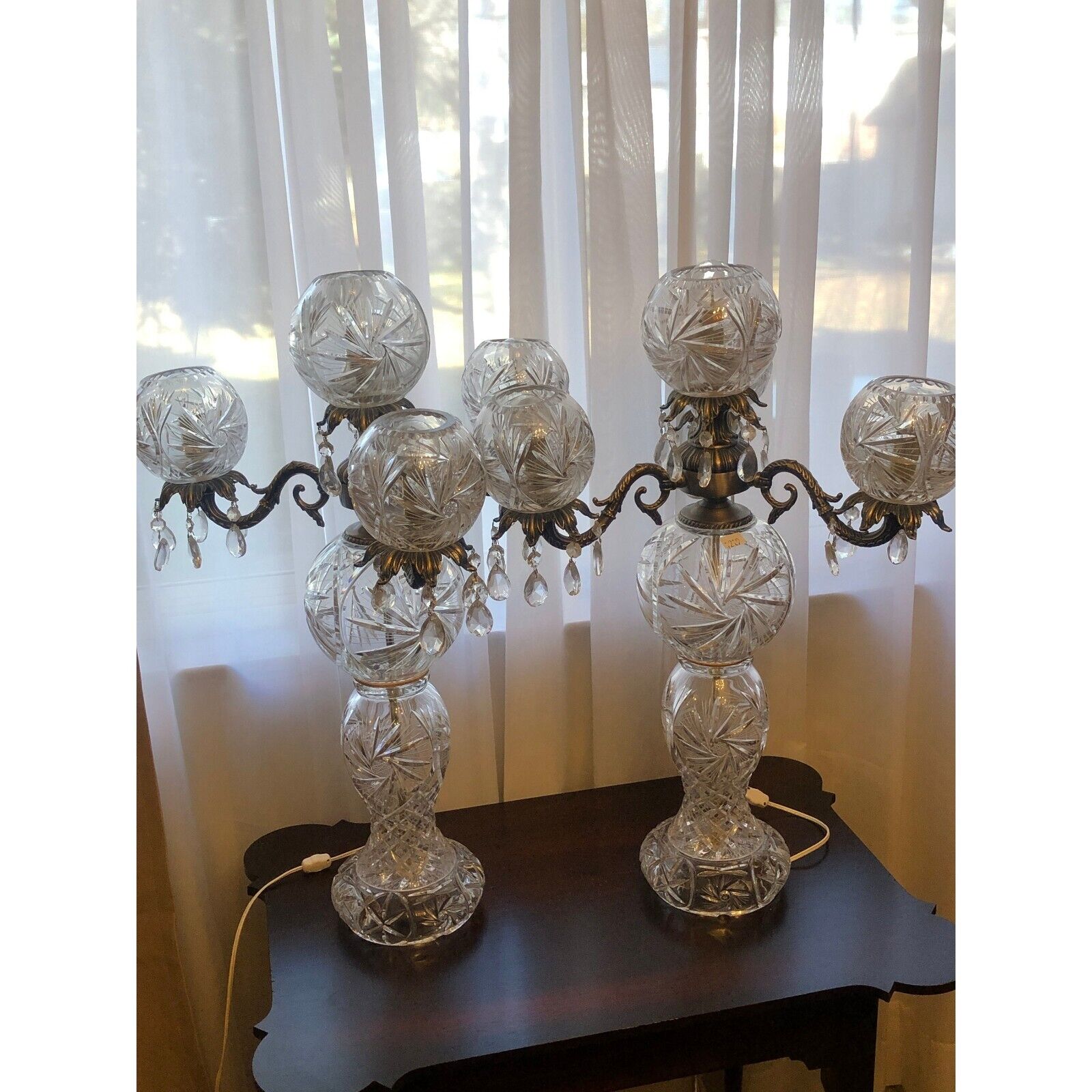 Antique Pair of Cut Glass Crystal Hollywood Regency Triple Ball Table Lamps Banq