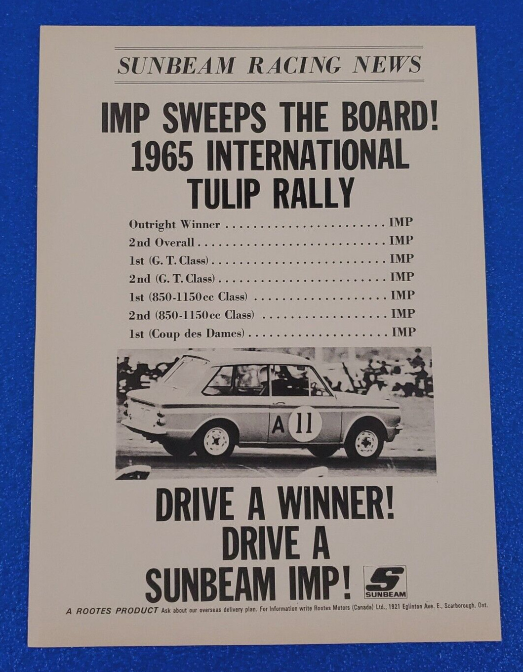 1965 SUNBEAM IMP SWEEPS THE BOARD INTERNATIONAL TULIP RALLY ORIGINAL PRINT AD