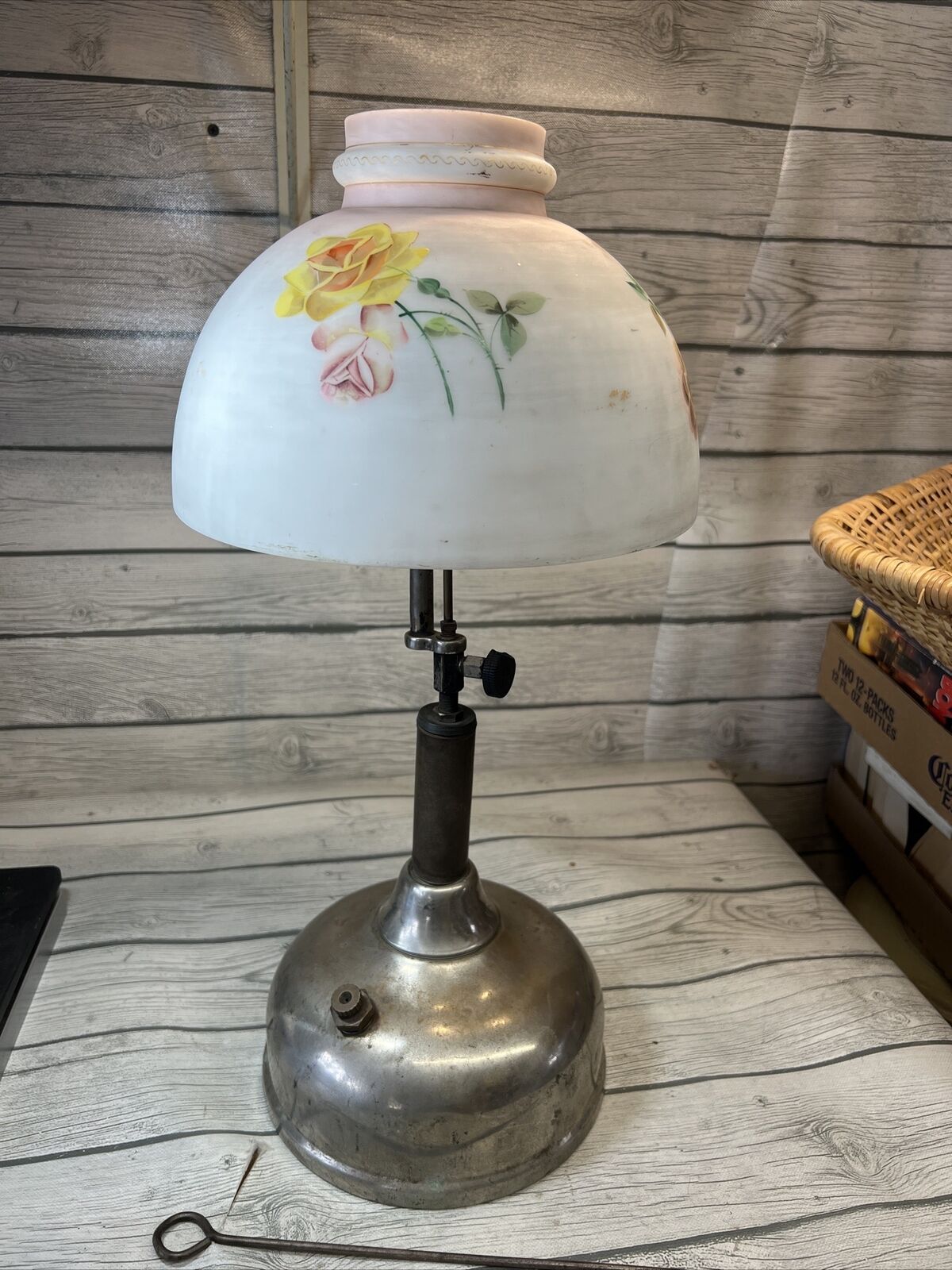 Vintage Quick-Lite Gas Table Lamp Circa 1919 W/Milk Glass Hand Paint Shade