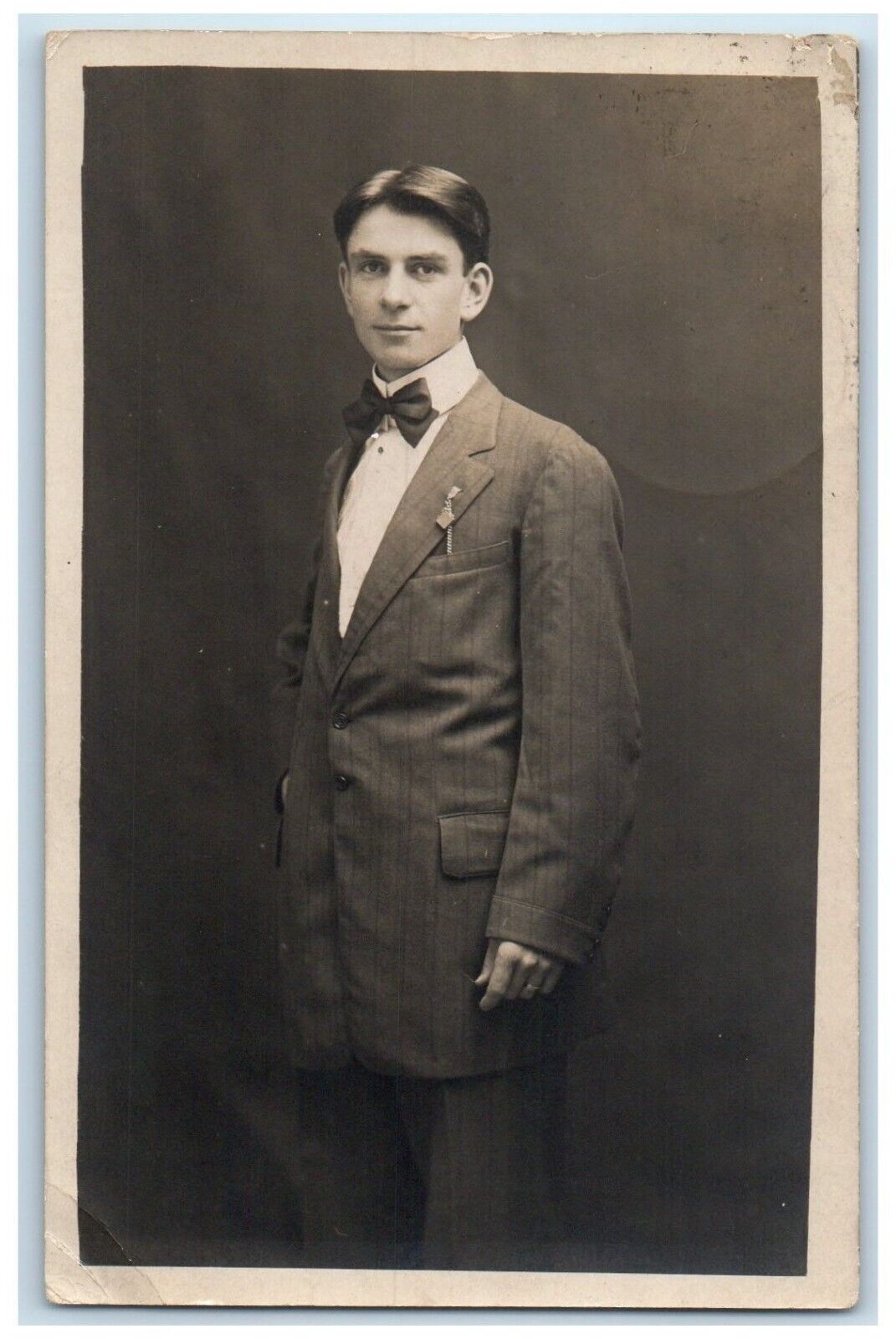 1908 Boy Wearing Formal Dress Studio Portrait Blue Earth MN RPPC Photo Postcard