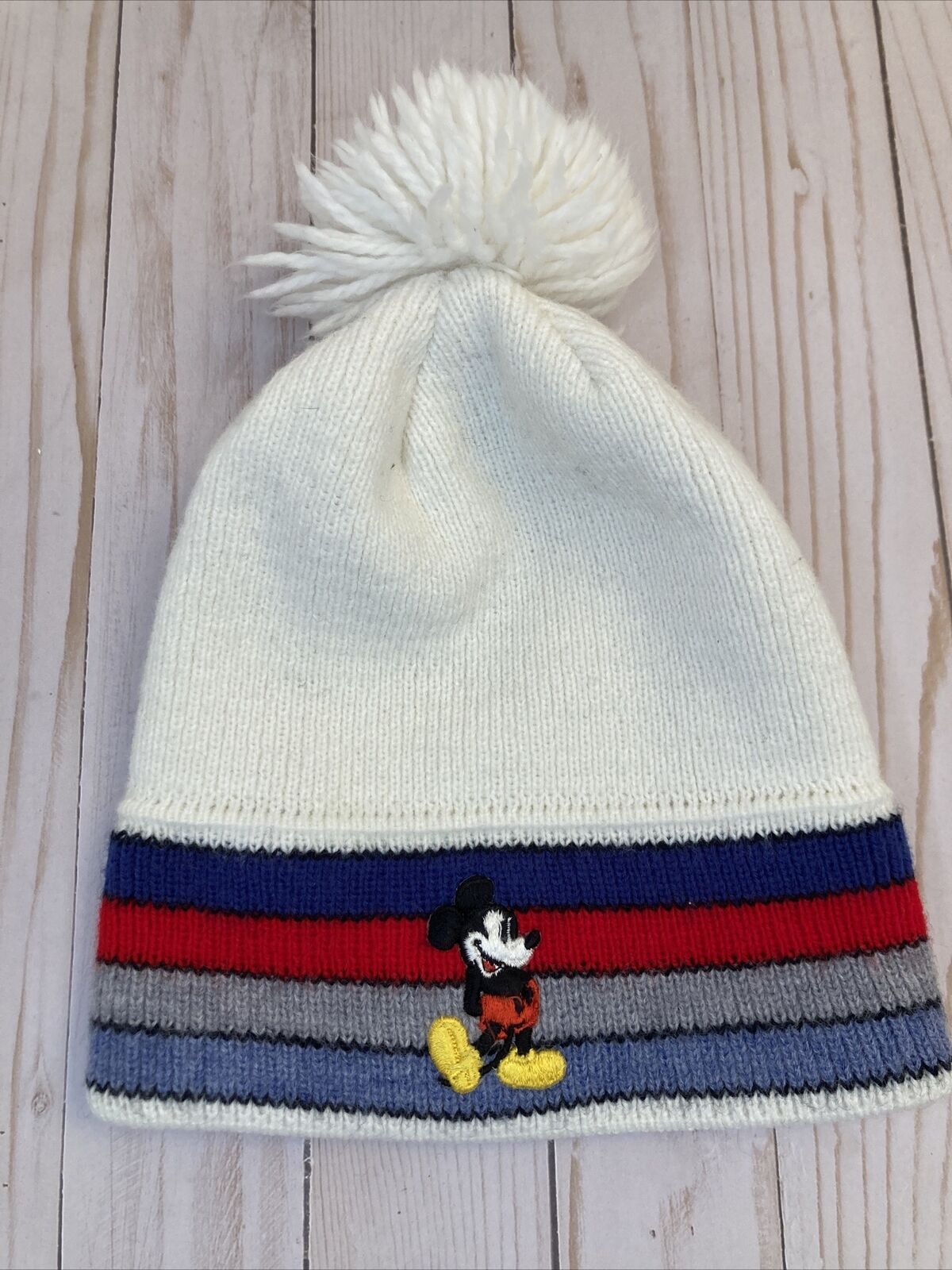 Vintage Walt Disney Production Mickey Mouse Knit Beanie Pom Pom White Striped G6