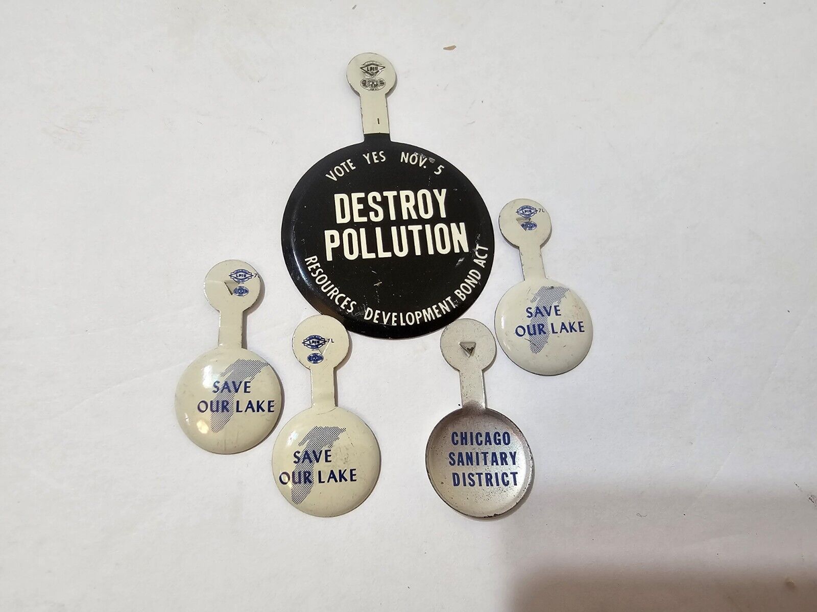 Vintage Chicago Save Our Lake, Destroy Pollution Sanitary District Buttons RARE