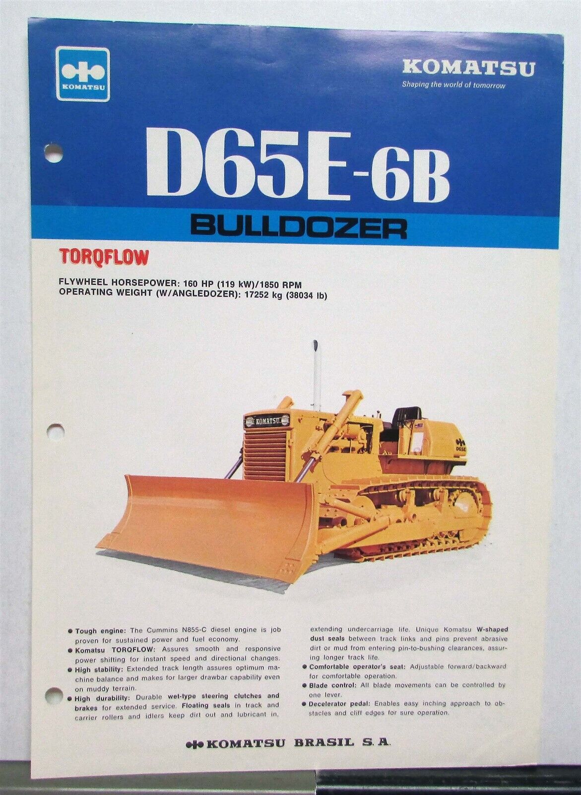 1982 Komatsu D65E-6B Bull Dozer Specifications Construction Sales Brochure