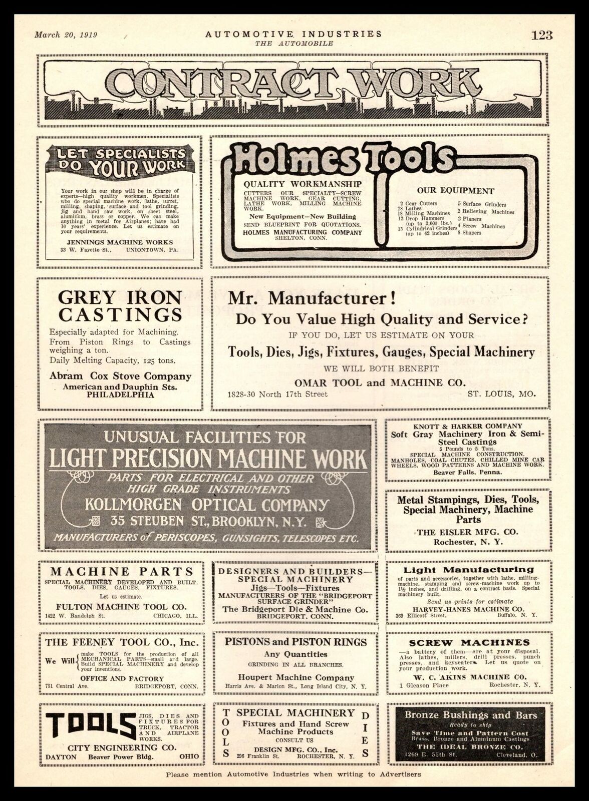 1919 Kollmorgen Optical Brooklyn New York Eisler Mfg. Rochester Vintage Print Ad