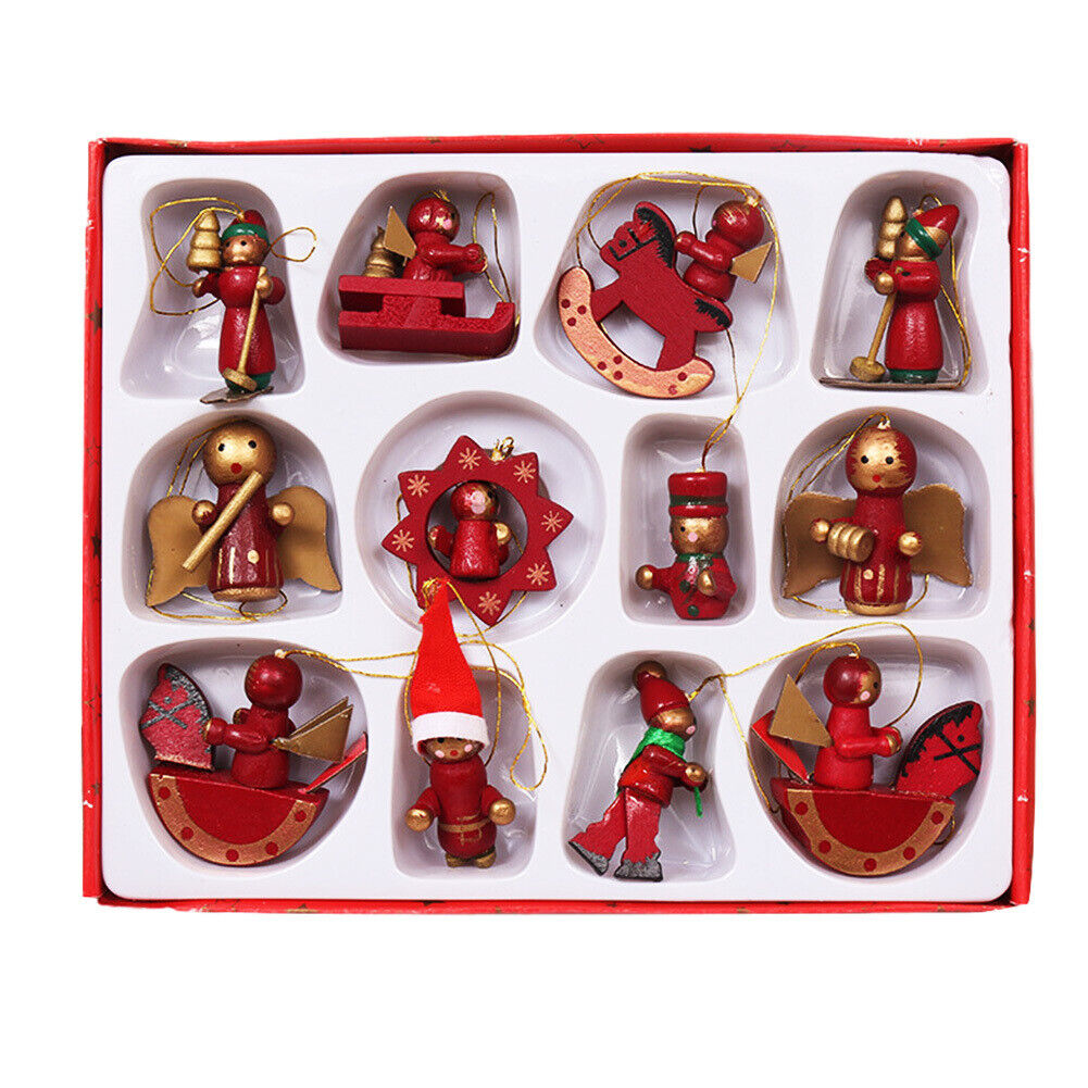 12PCS Vintage Wooden Miniature Christmas Tree Ornaments