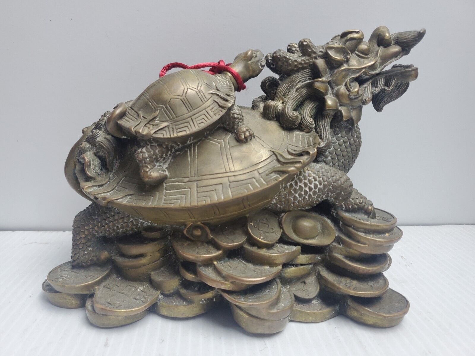 lucky Chinese handwork Bronze Fengshui Dragon Turtle Statue Coin Pile
