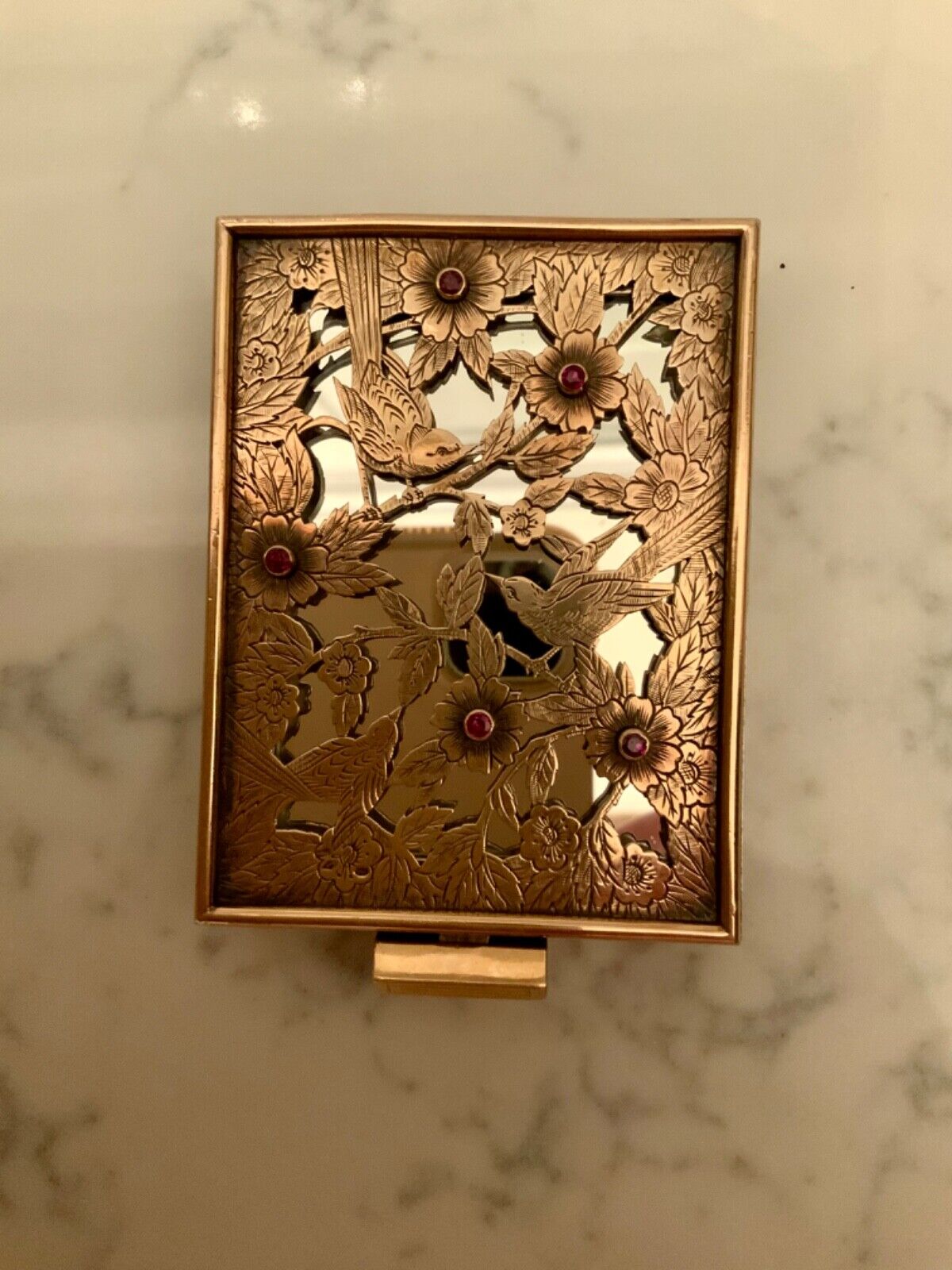 Antique Boucheron Paris France vermeill gold sterling birds compact~rubies