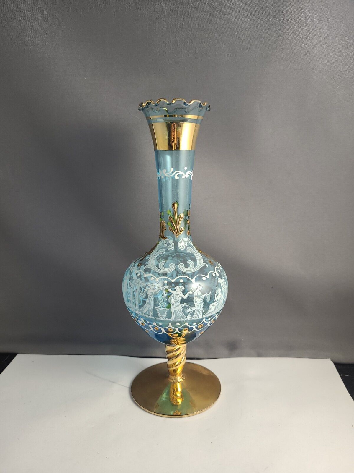 Antique Italy Blue Gold Hand Painted Glass Vase
