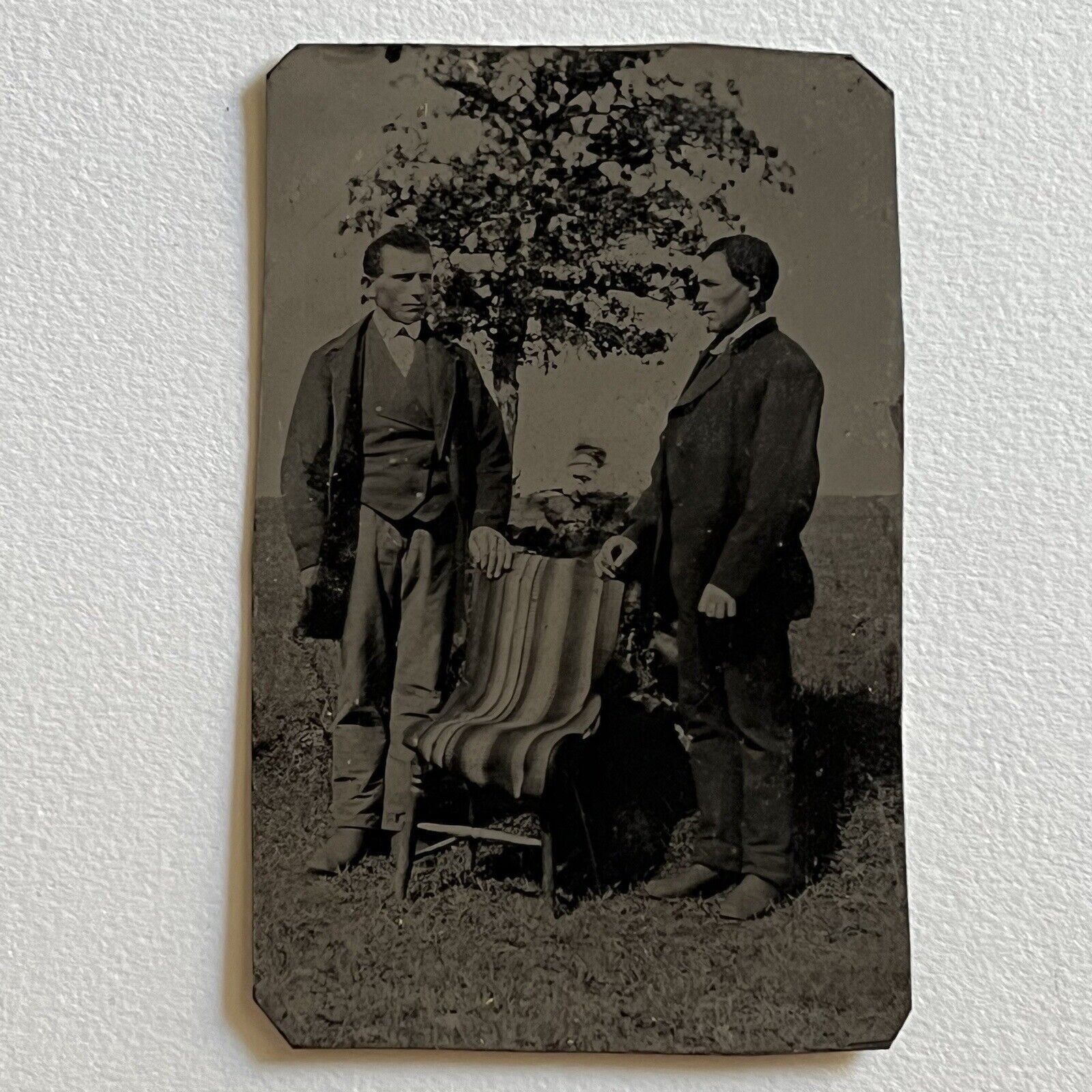 Antique Tintype Photograph Handsome Young Men Unique Odd Composition Outdoor