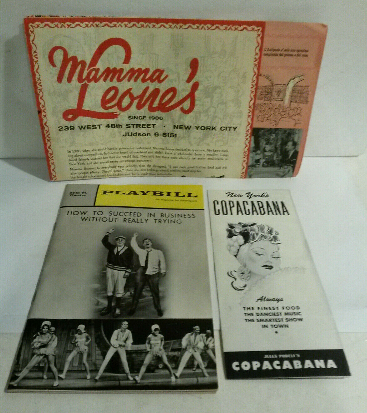 NY Mamma Leones Playbill Business Trying Vallee Copacabana lot 3 brochures 60s