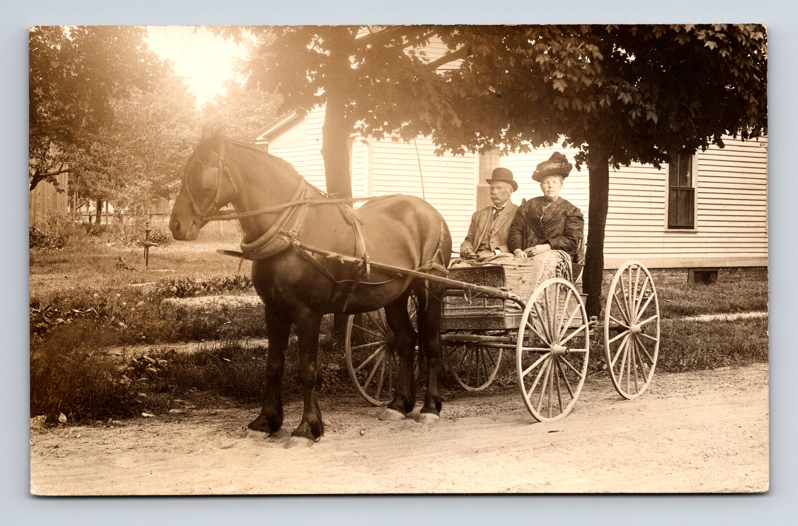 RPPC Older Man & Woman Large Horse Buggy Carriage & Home Real Photo Postcard