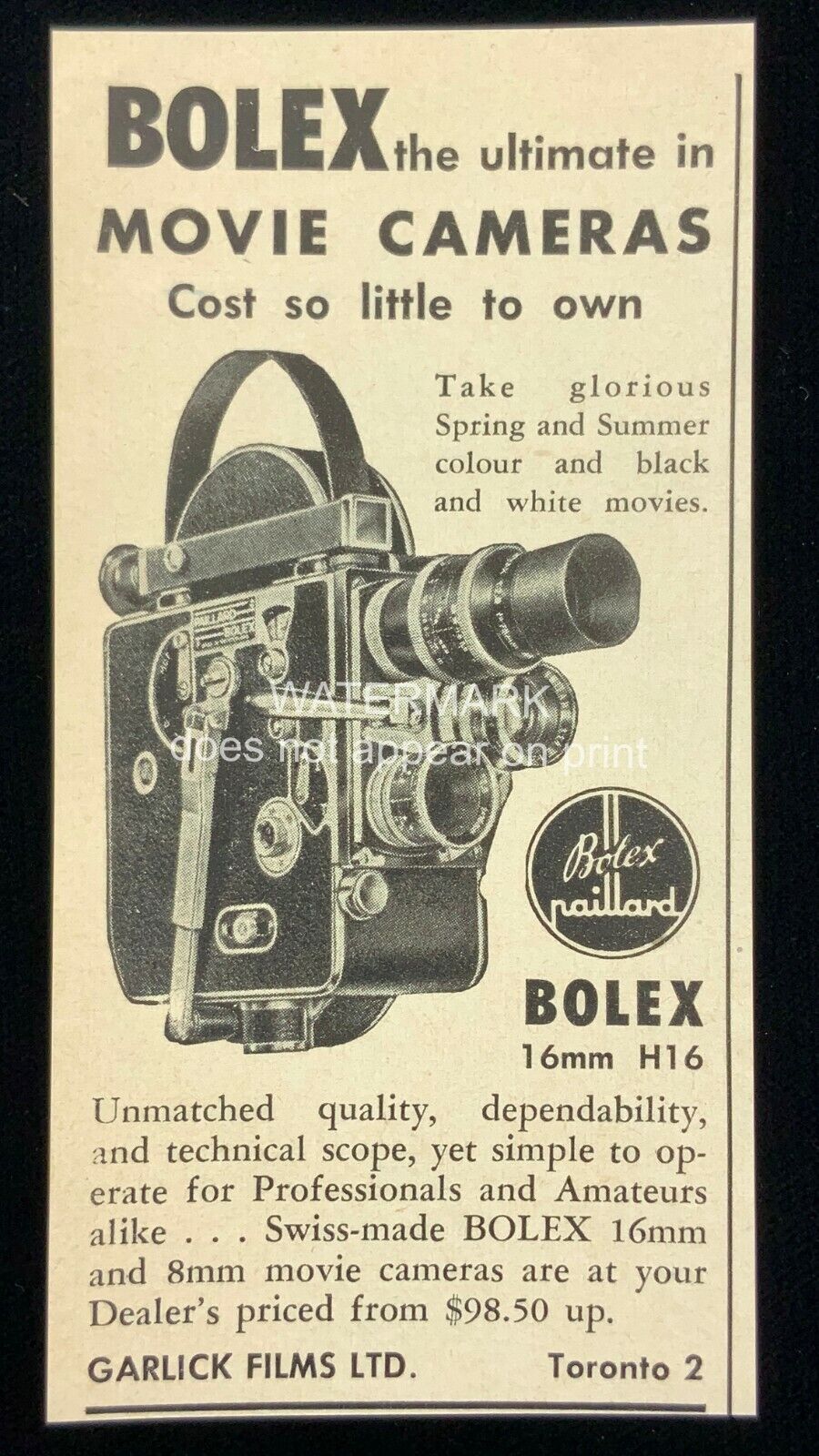 1956 Bolex 16 mm 8mm Movie Cameras Garlick Films Toronto Print Advertising 700A