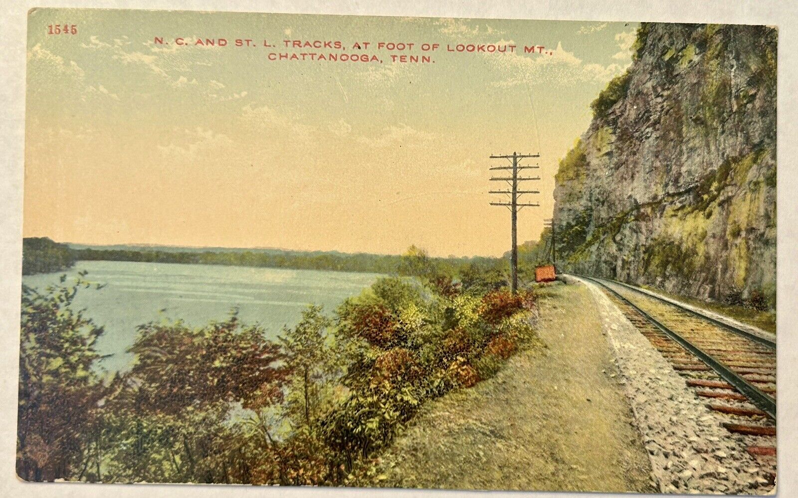 Railroad tracks at the foot of Lookout Mountain Chattanooga TN Vintage Postcard