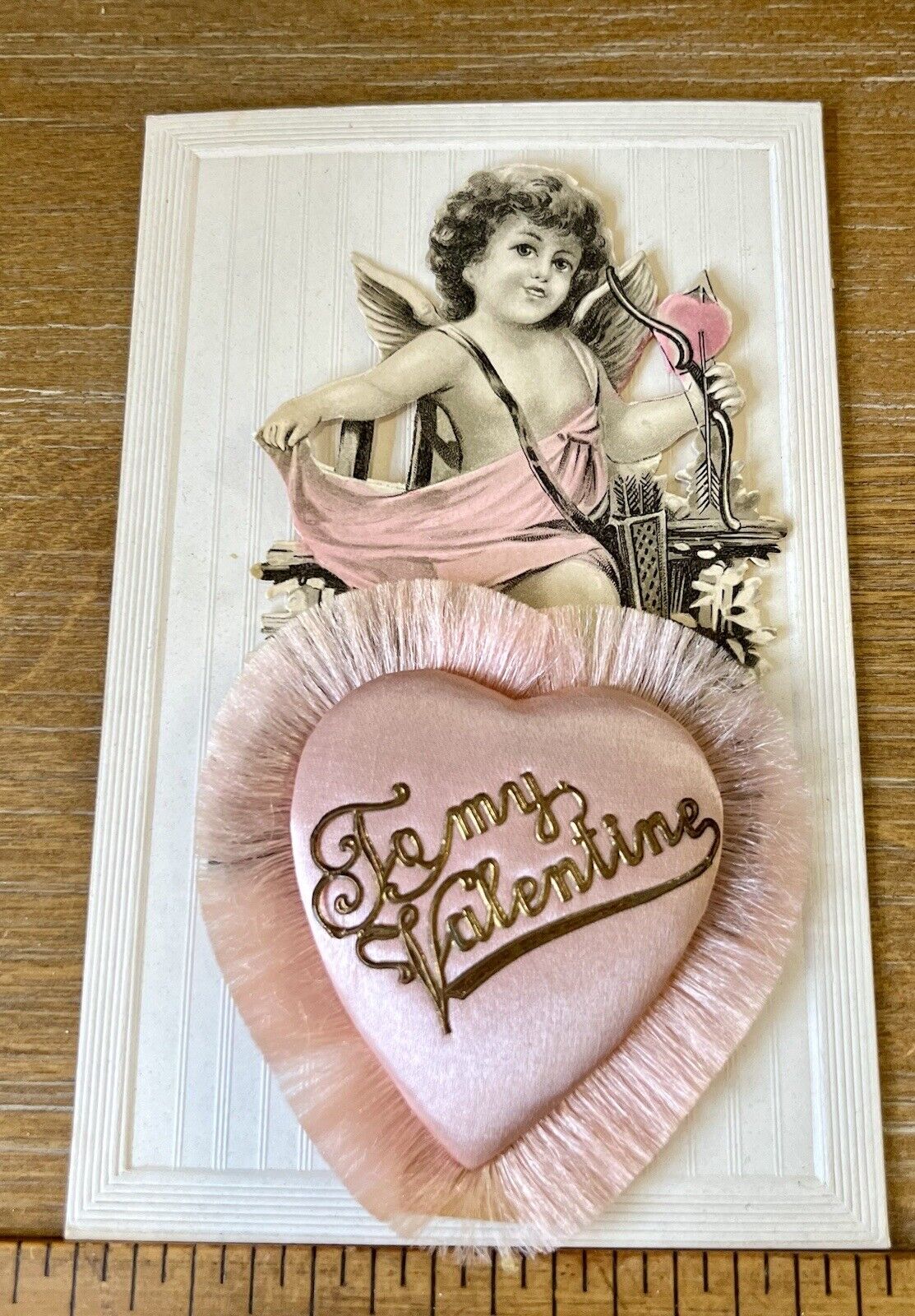 Rare Antique 1910 Valentine Pink Cupid Heart Pillow Embroidered Ephemera Craft