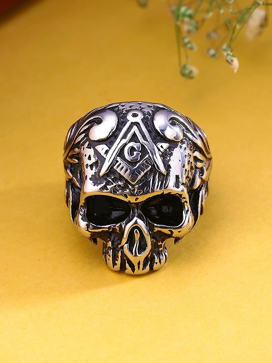 Halloween Stainless Steel Silver Black Skull Design Band Ring for Men and Boys