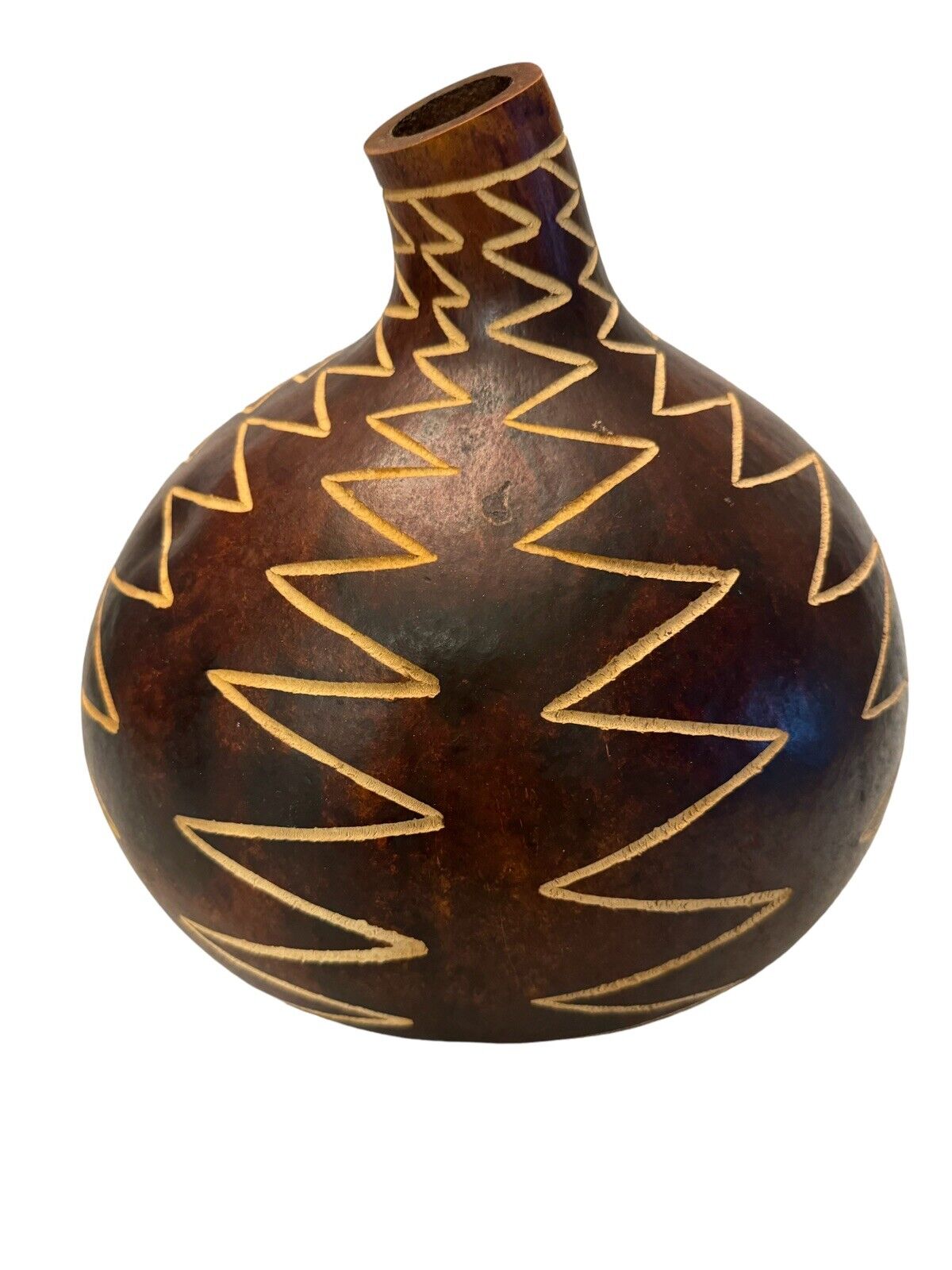 Hand-Carved Kenya Gourd Decorative Vase Brown Carved Signed Primitive 12” x 12”