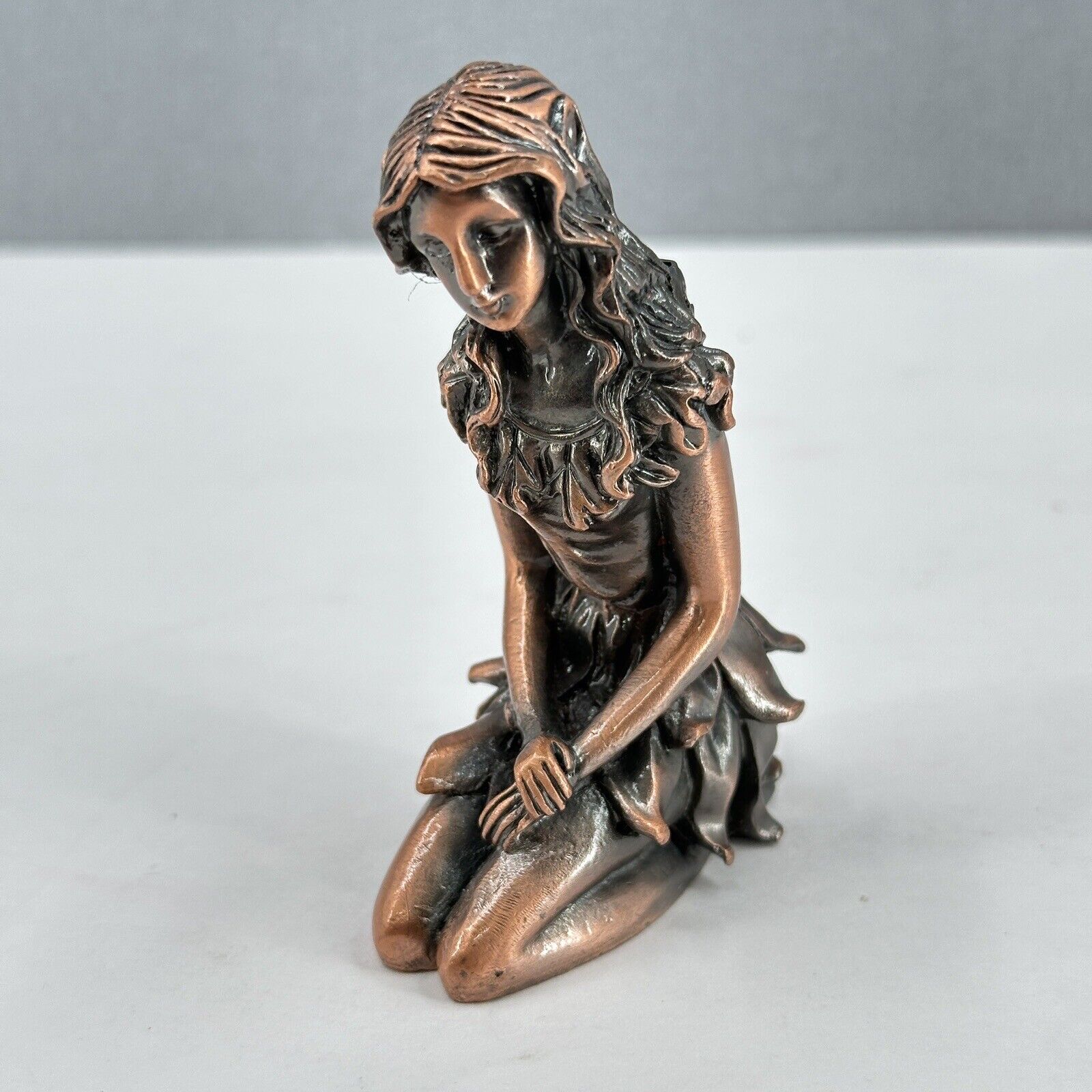 Vintage Heavy Cast Bronze Copper Fairy Kneeling Figurine Garden Sprite Pixie