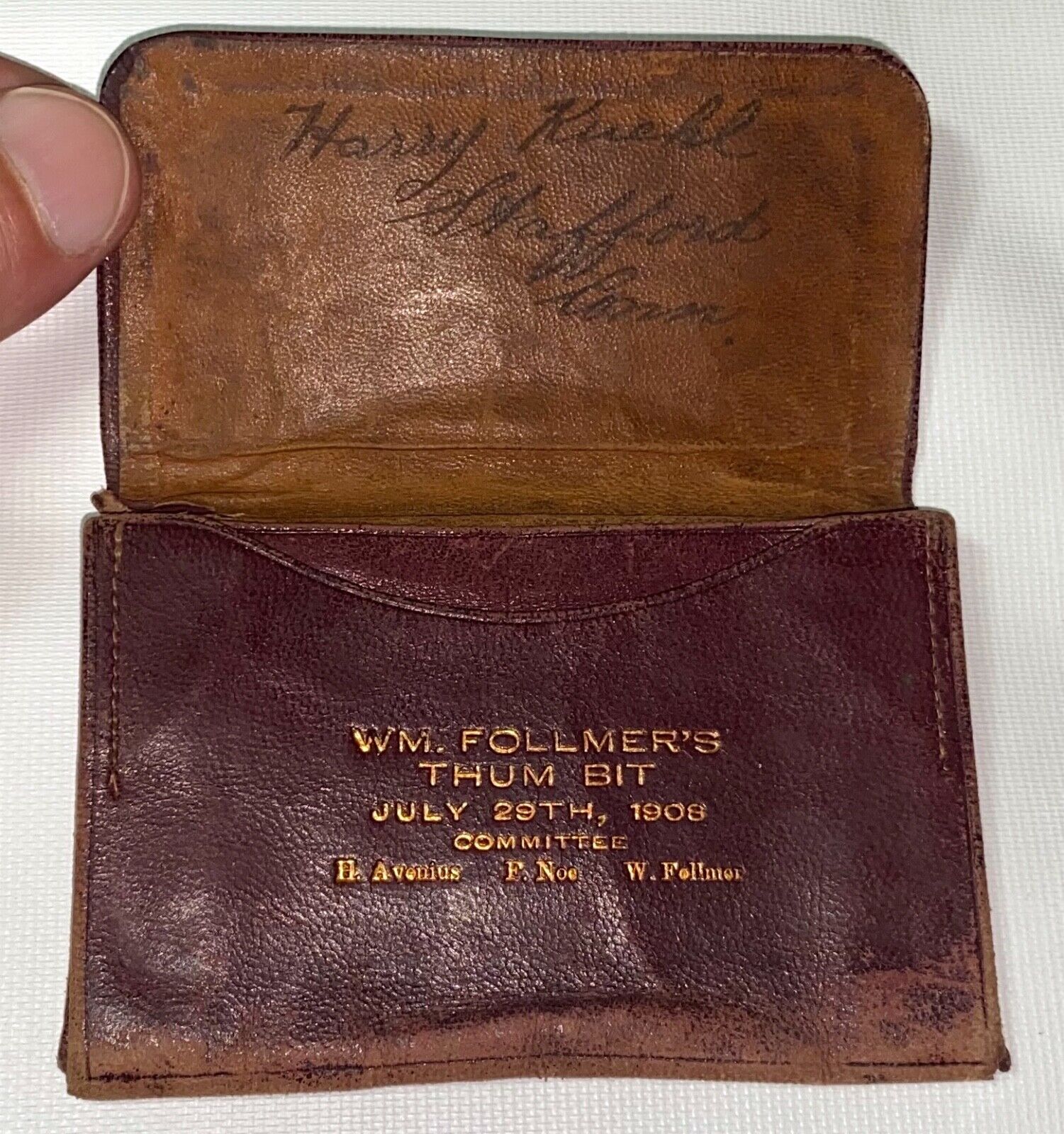 Rare Antique American William Follmer Thum Bit Bowling Team Leather Wallet 1908