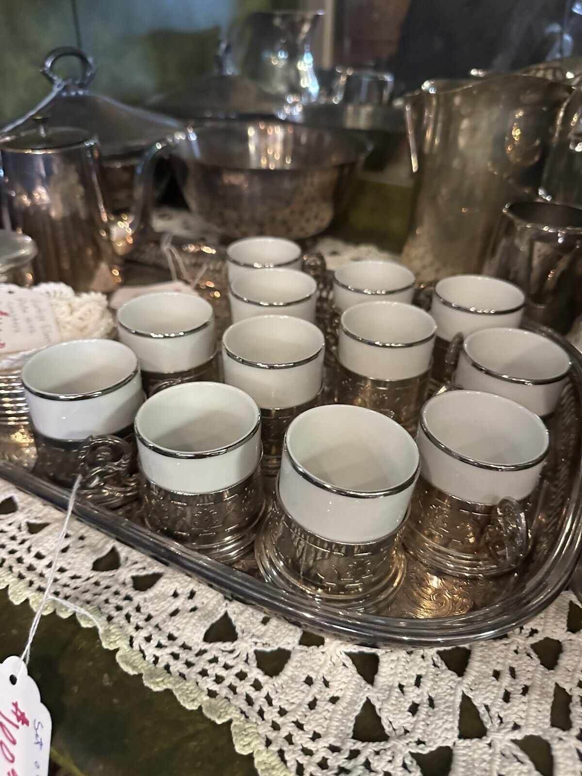Vintage Demitasse Espresso cups Porcelain In Zarfs 800 Silver Smith Holers (12)