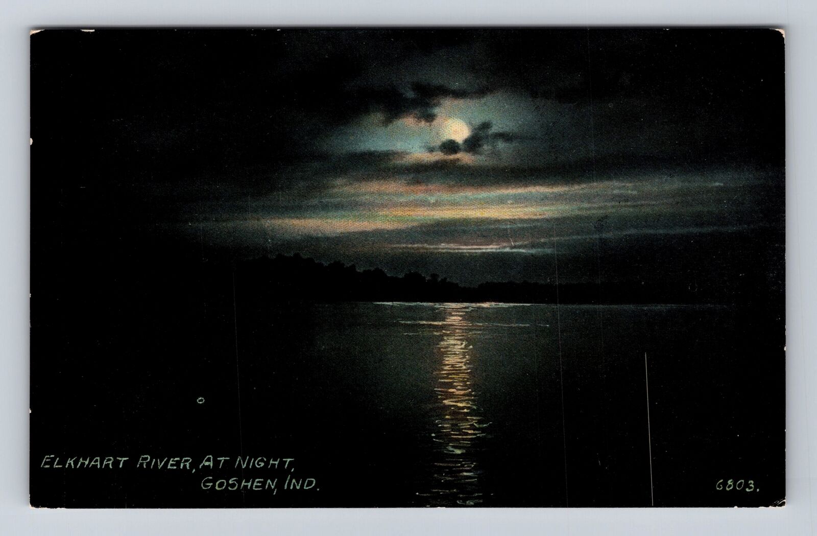 Goshen IN-Indiana, Elkhart River At Night, Antique, Vintage Souvenir Postcard