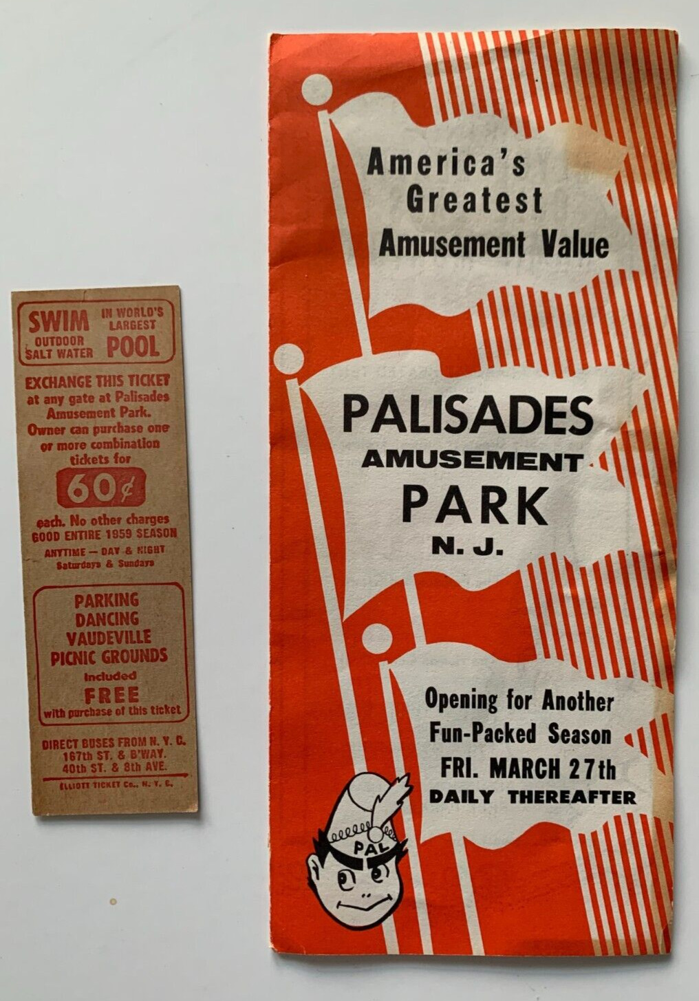 Vintage 1959 Palisades Amusement Park Brochure & Ticket Ft Lee Bergen County