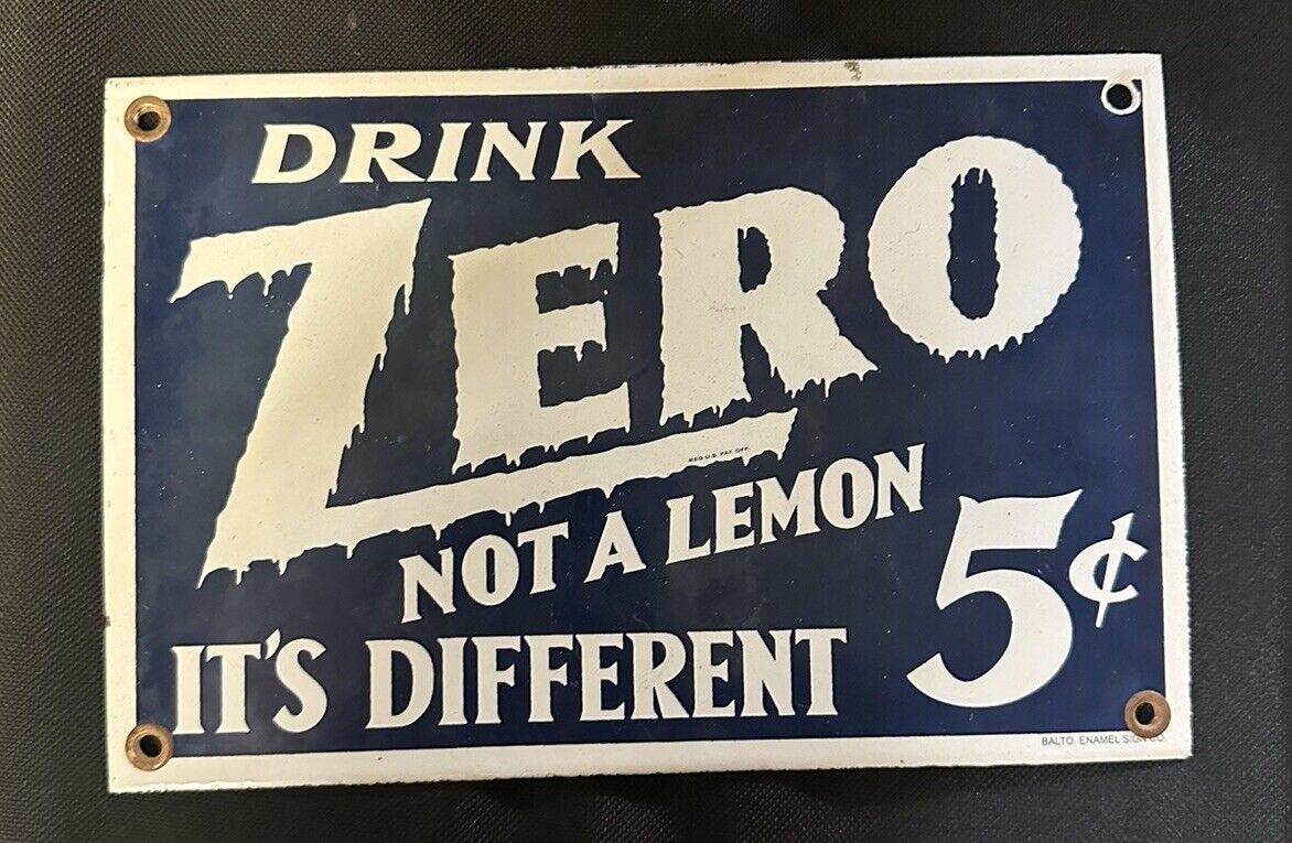 Vintage Original Porcelain Soda Advertising Sign Drink Zero Soda Great Graphics
