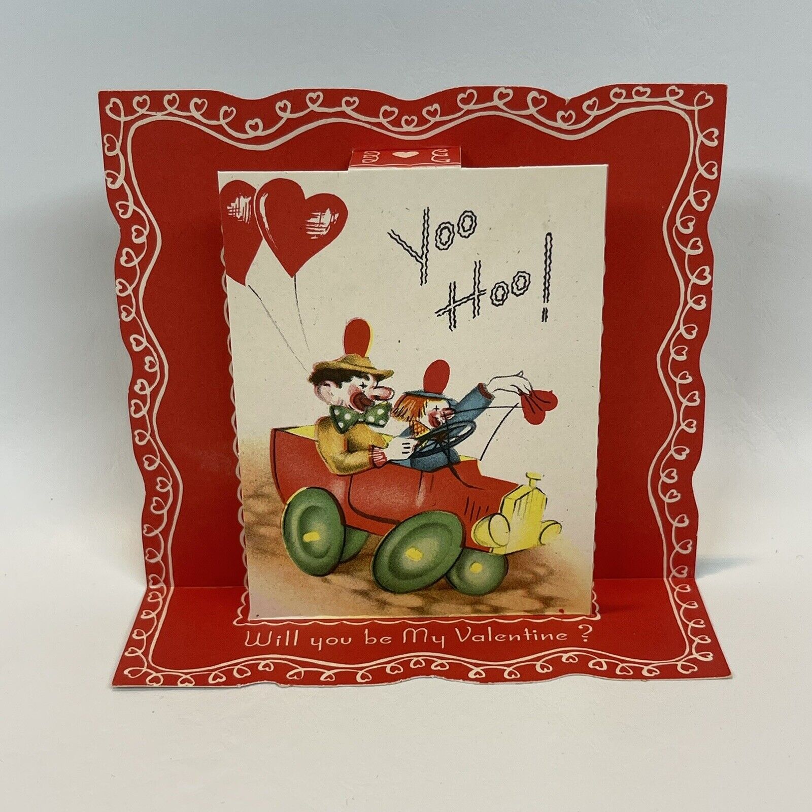 Vintage Valentine Card 3D Clown Car Die Cut Edge Heart Balloons 5.5\