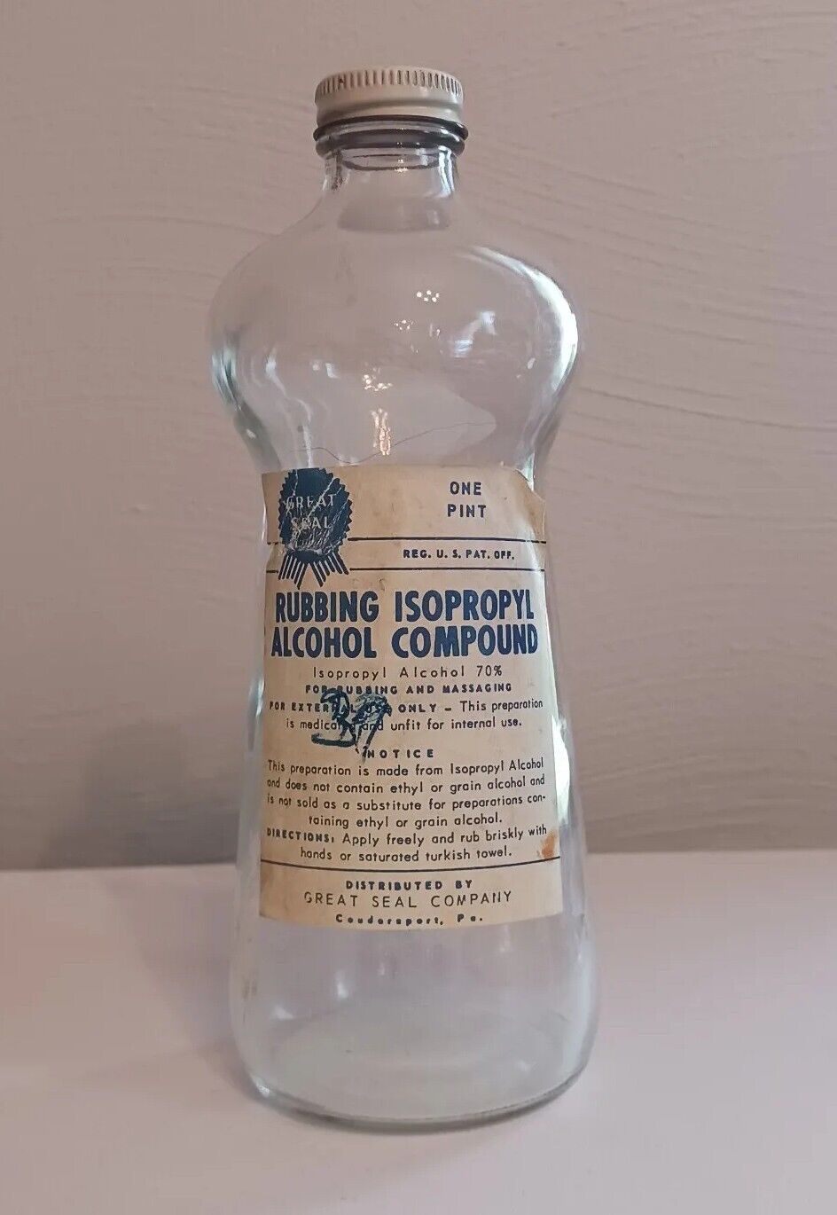 Vintage Great Seal Rubbing Isopropyl Alcohol Compound One Pint Glass Bottle