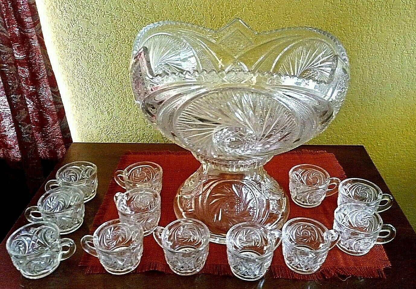 SoO BEAUTIFUL   AZTEC PATTERN MCKEE ETCHED GLASS PUNCH BOWL W/STAND + 12 CUPS