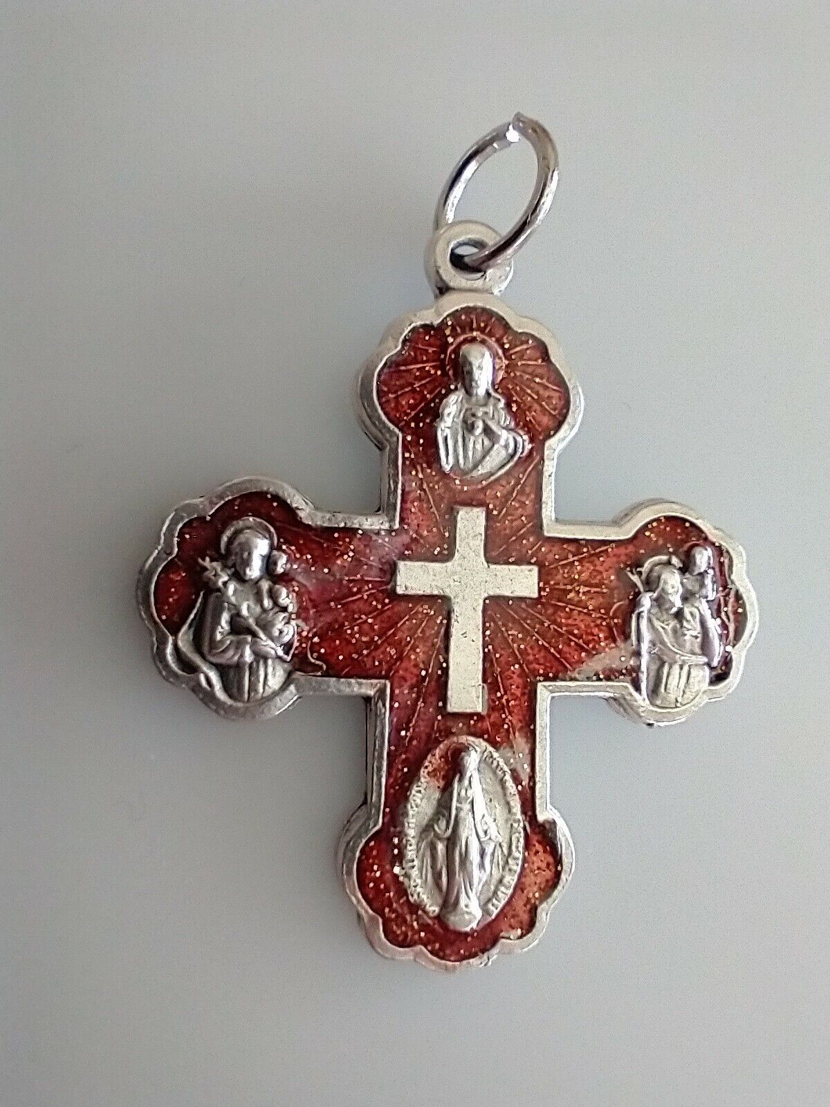 Catholic 4 Way Cross Red Enamel Medal, Italy