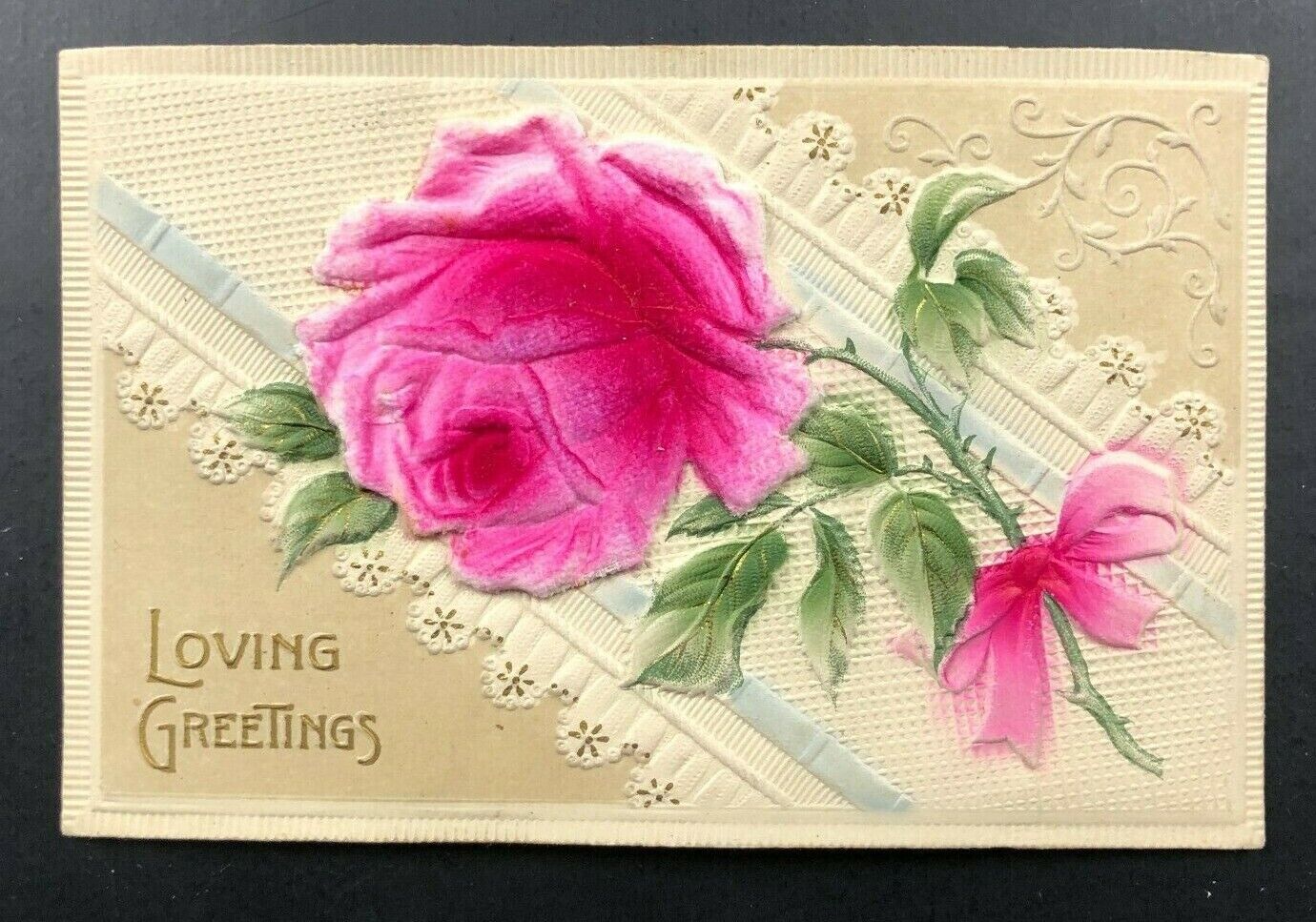 LOVE Postcard Antique VTG Real Fabric Velvet Pink Rose Deep Embossed GORGEOUS 